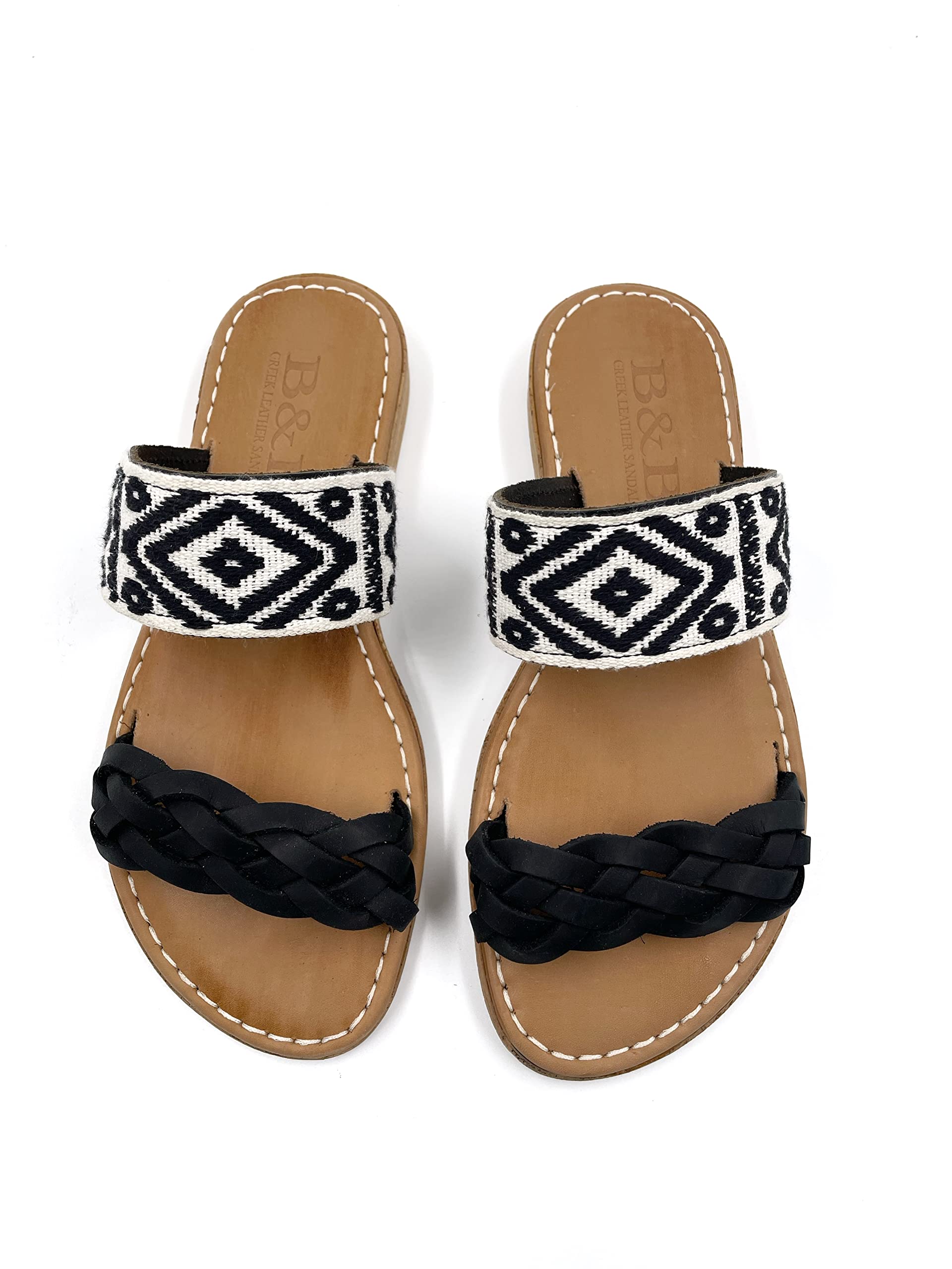 Handmade Boho Sandals for Women - 100% Genuine Leather Black & White Bohemian Sandals | Comfortable Summer Beach Wedding Vacation Shoes