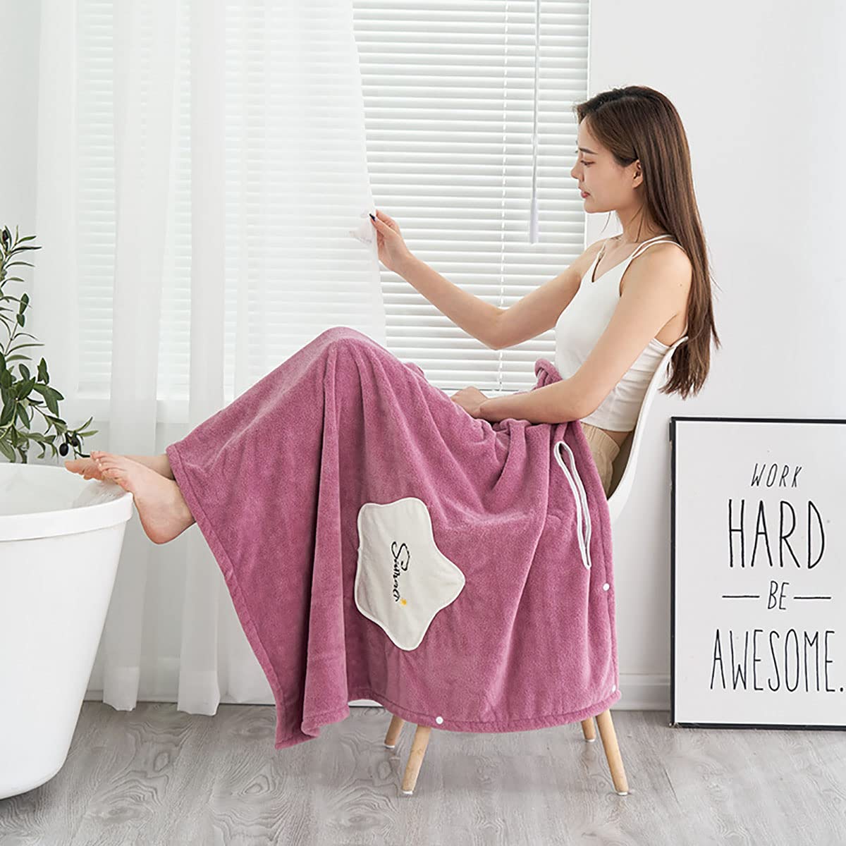 SCYDAO Women's Spa Towel Wrap Bathrobe - Soft Wearable Bath Skirt with Shoulder Strap - Purple Large Size for Shower, Pool & Beach Relaxation