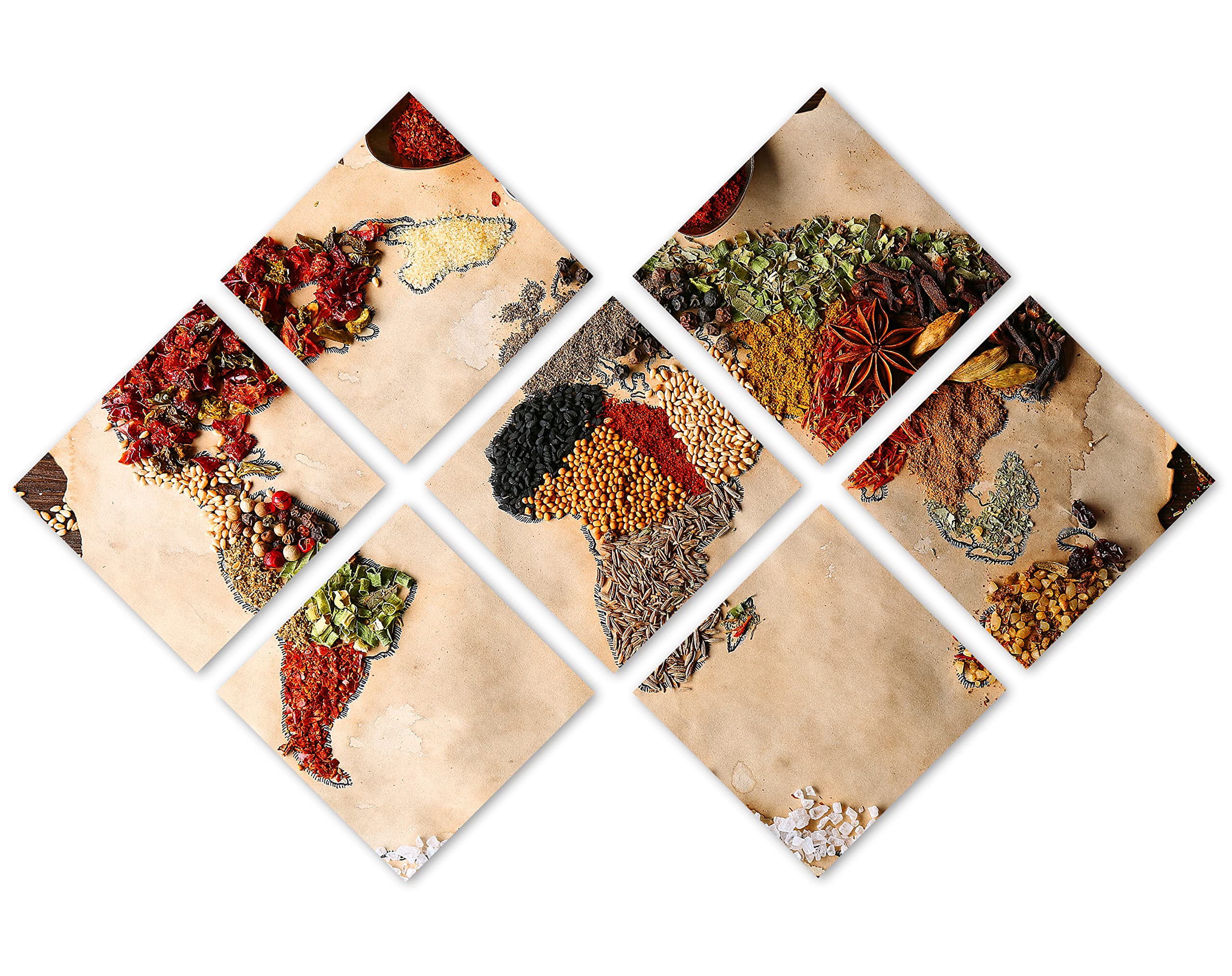 85 x 57 TOTAL - World Map Spice Art Canvas Print | 7-Panel Butterfly Split Kitchen Wall Decor | Perfect for Home, Restaurant & Office Decoration