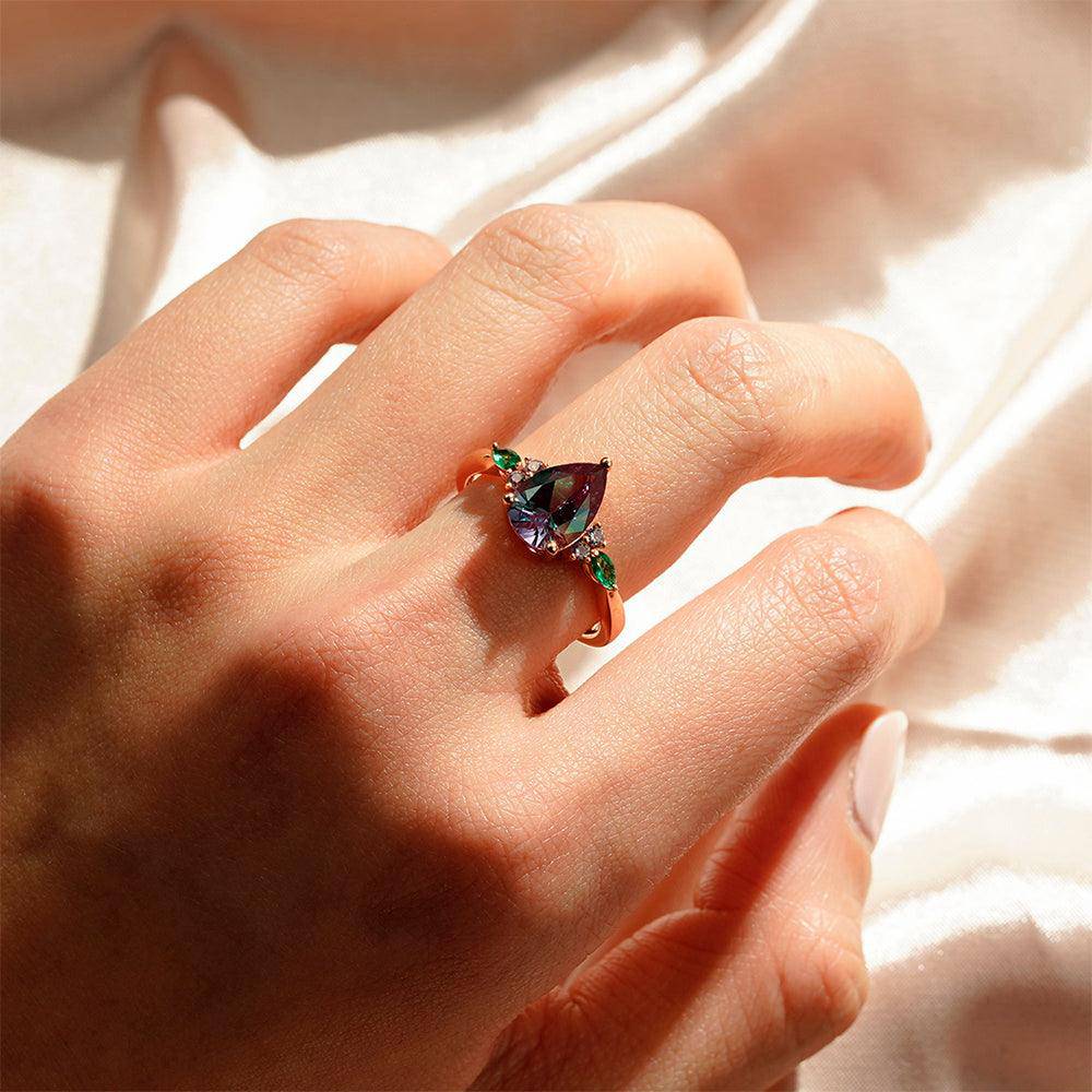 1.5 Carat Pear-Shaped Alexandrite Engagement Ring with Emerald Accents - Perfect for Proposals, Anniversaries & Special Occasions