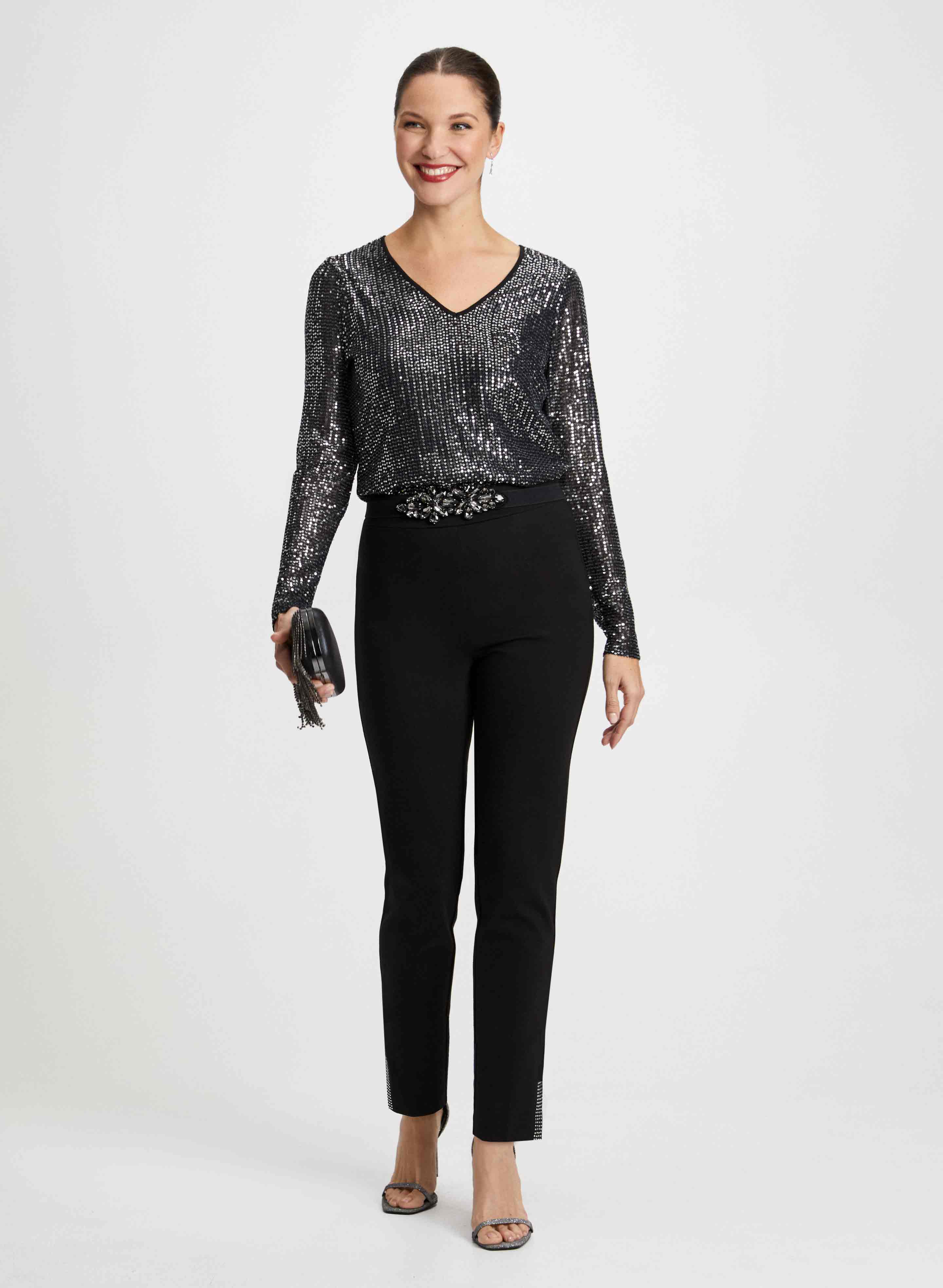 Stylish Women's City Fit Pants & Sequin Top Set - Trendy Casual Outfit for Night Out, Party, or Date Night | Comfortable & Fashionable Two-Piece Ensemble