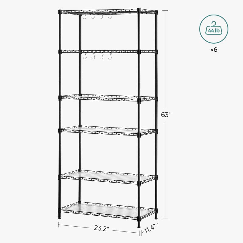 SONGMICS 6-Tier Metal Storage Shelves, Heavy Duty Wire Shelving Unit for Kitchen, Garage, Pantry - Adjustable Shelves with Shelf Liners & 8 Hooks - 11.4