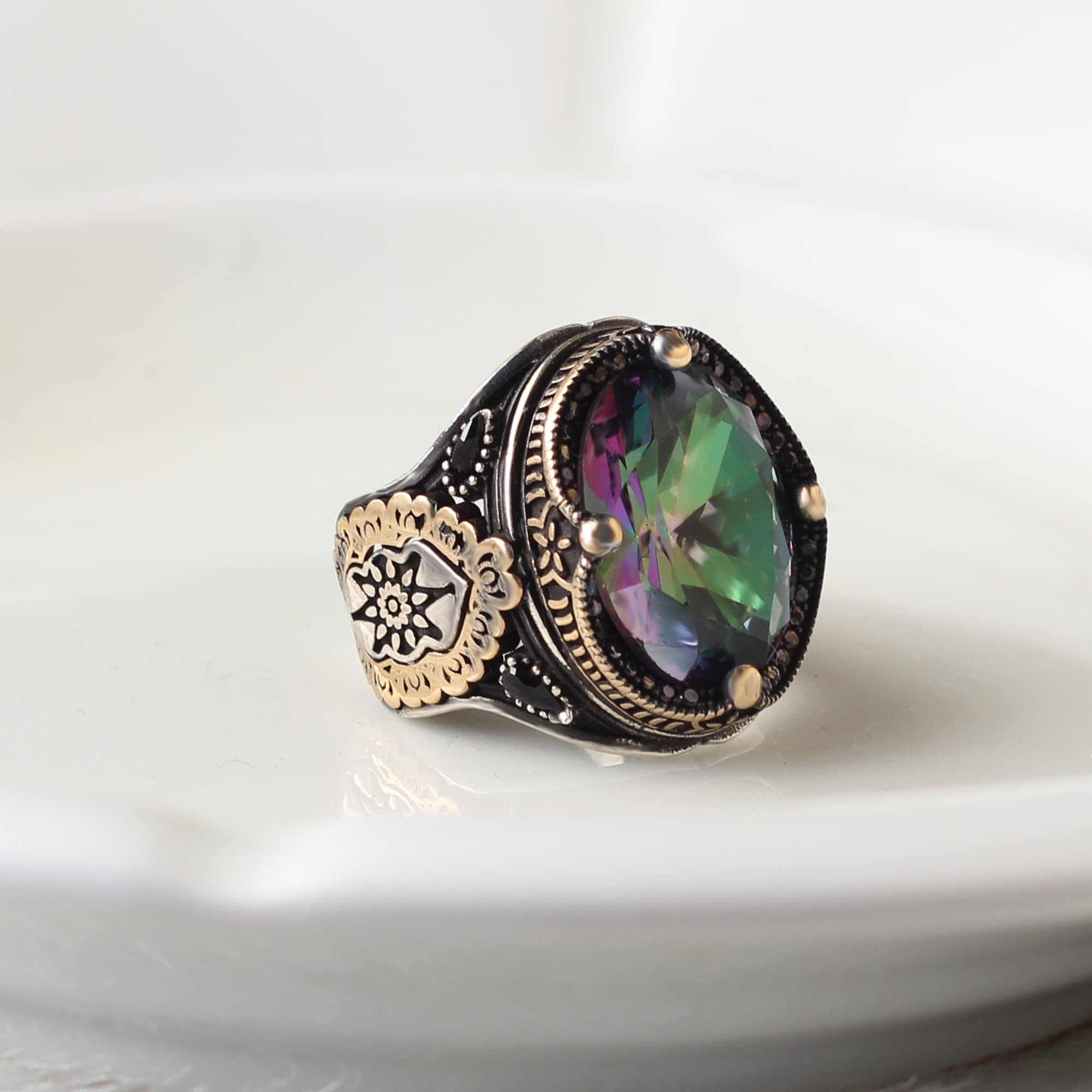 925 Sterling Silver Men's Ring with Mystic Topaz Gemstone - Handmade Turkish Silver Jewelry for Men - Valentine's Day, Anniversary & Birthday Gifts for Him - Perfect for Weddings, Engagements & Special Occasions