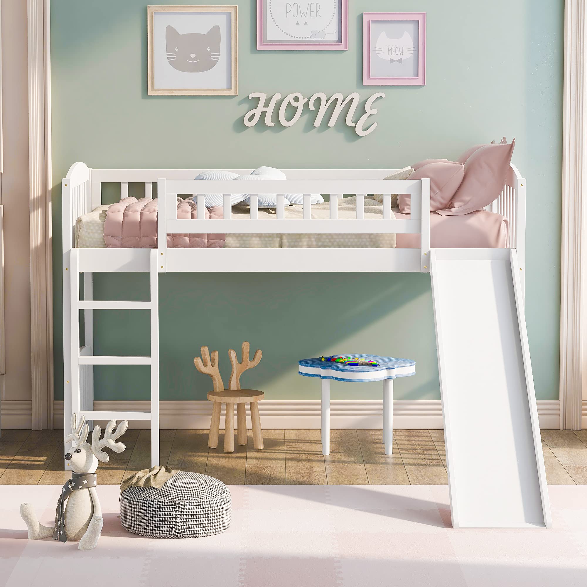 Bellemave Twin Loft Bed with Slide and Ladder - Low Height Wooden Kids Bunk Bed for Boys and Girls in White - Perfect for Small Bedrooms, Playrooms & Sleepovers