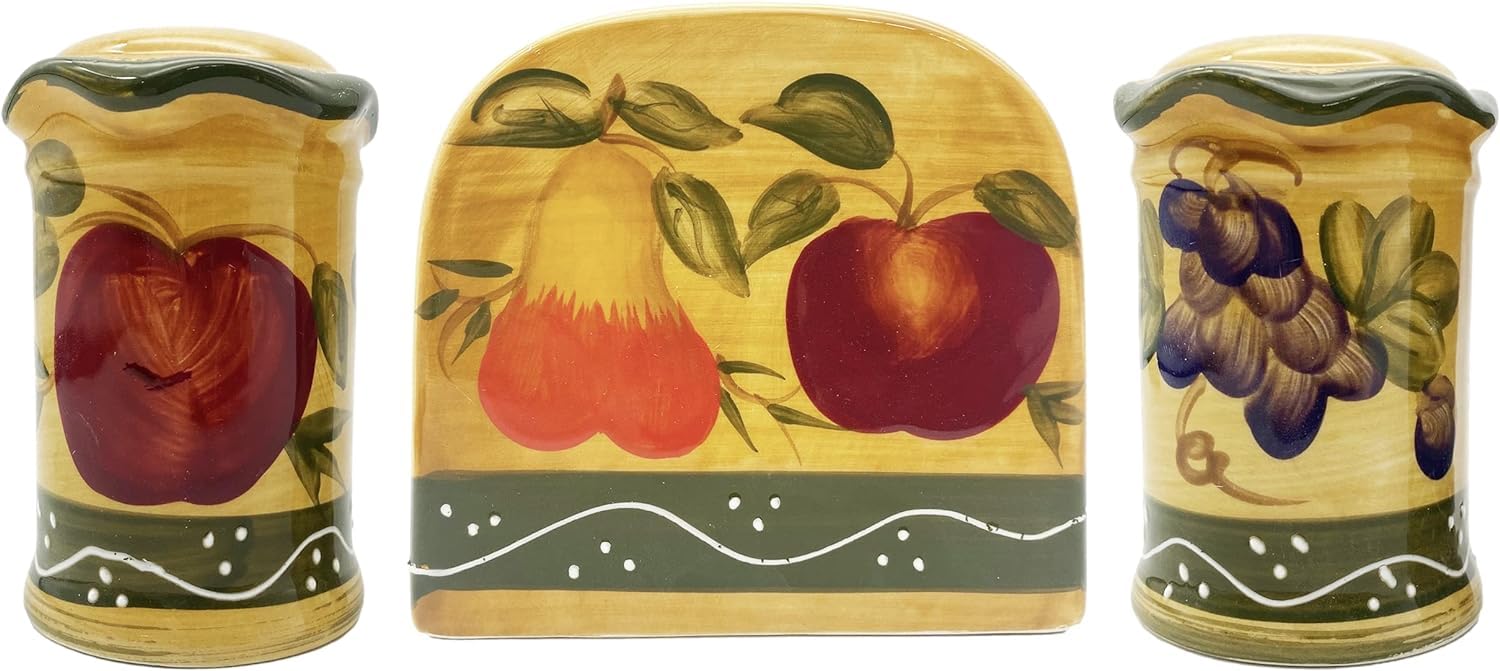 Hand Painted Ceramic Fruit Salt and Pepper Shakers Set with Napkin Holder - Refillable Kitchen Décor for Dining Table, Countertop, and Party Serving