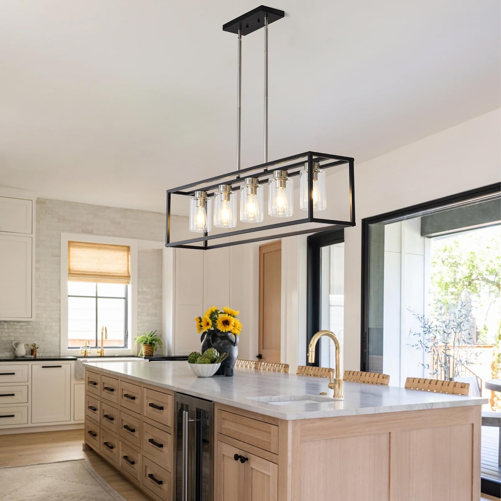 5-Light E26 Kitchen Island Lighting - Farmhouse Dining Room Chandelier with Clear Glass Shades, Adjustable Height Black & Silver Rectangle Pendant Light for Kitchen Counter, Dining Table, Breakfast Nook, and Bar