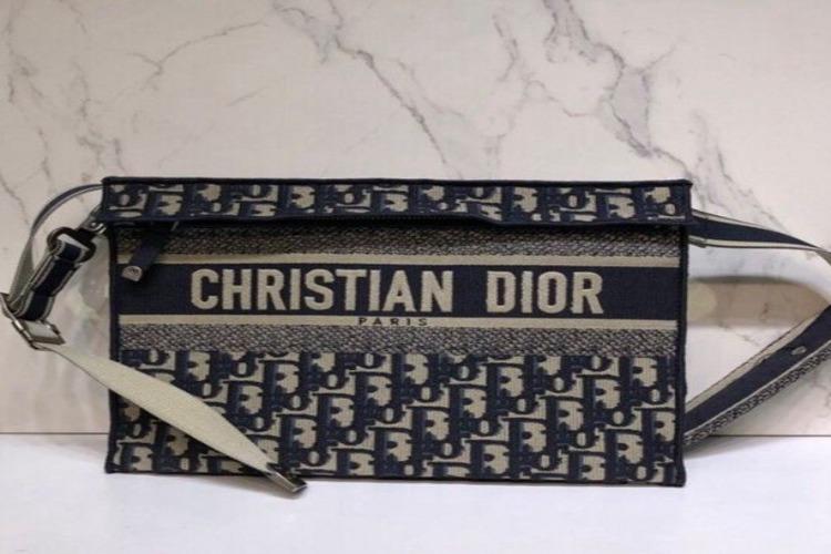 Dior Blue Oblique Embroidered Canvas Clutch Bag for Women | Luxury Designer Handbag for Evening Parties, Weddings & Special Occasions