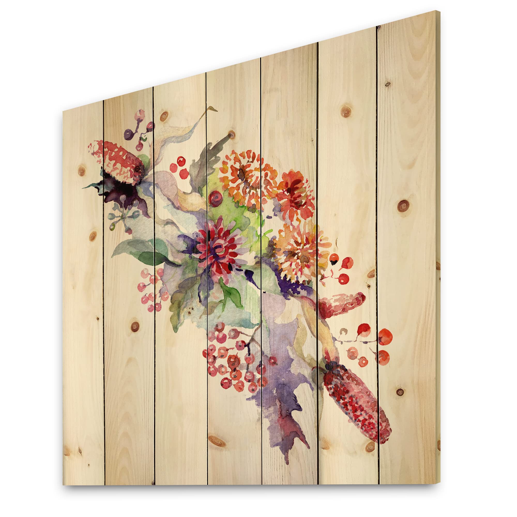 DesignQ Blue Floral Wood Wall Decor - Wildflowers & Berries Traditional Pine Wood Art Panel, Large Printed Wall Art for Living Room, Bedroom & Farmhouse Decor