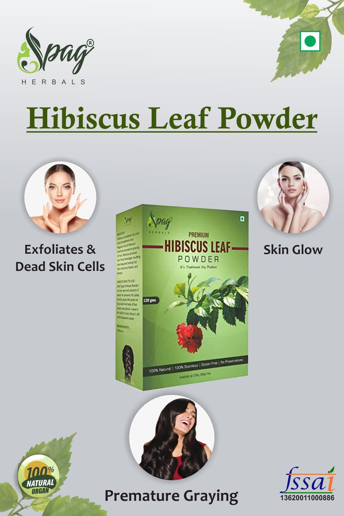 Dried Hibiscus Leaves Powder 120g - Natural Moisturizer for Face, Hair & Skin Care - Anti-Aging Solution