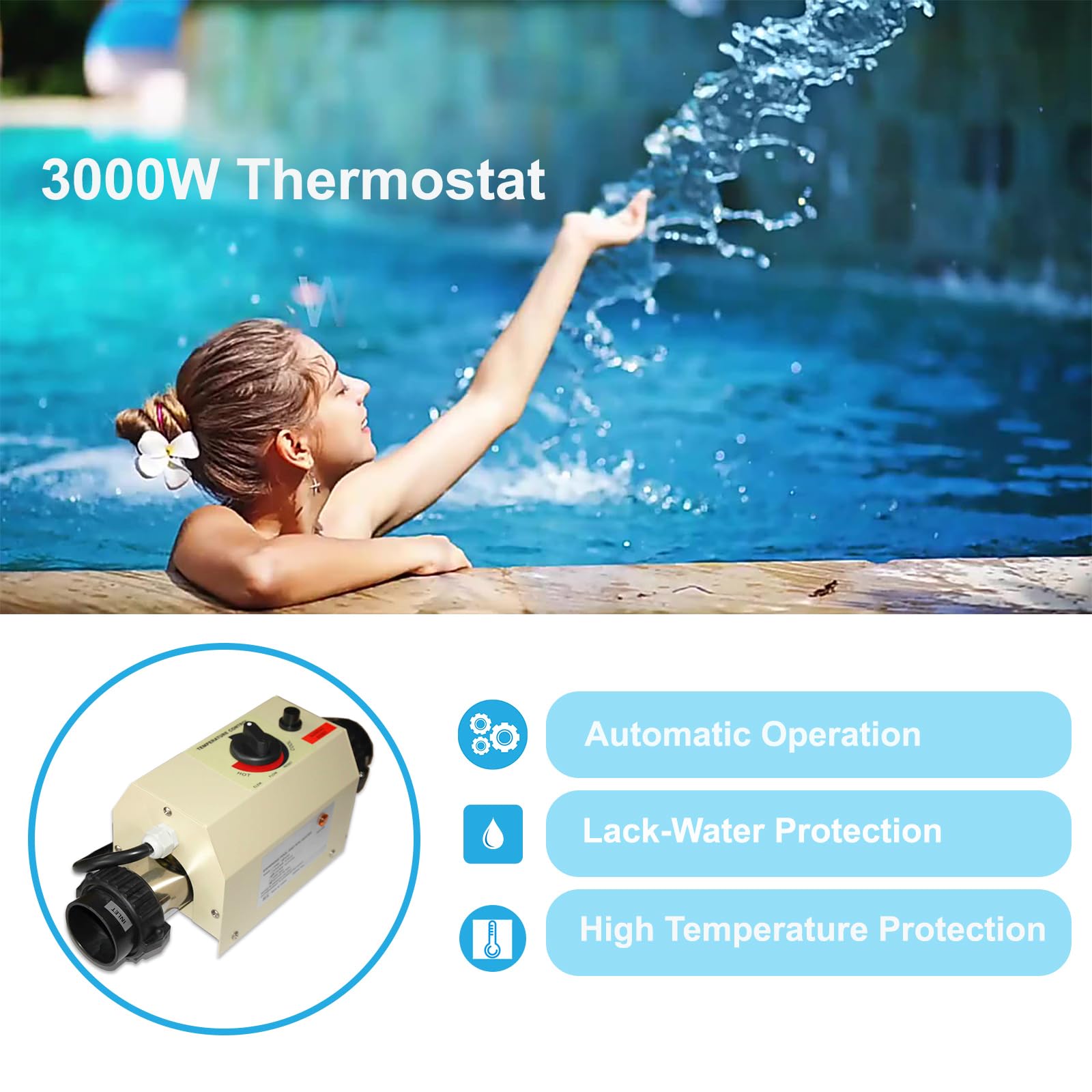 220V 3KW Electric Pool Heater with Digital Thermostat & Touch Display - Energy Efficient Swimming Pool Water Heater for Spas, Bathtubs, Inground & Above Ground Pools - Perfect for Backyard, Vacation Homes & Resorts