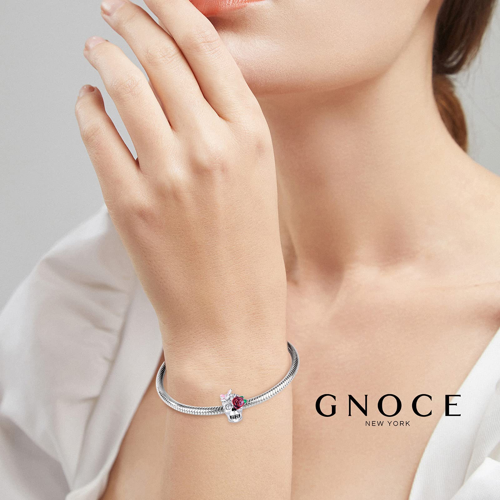 GNOCE S925 Sterling Silver Sugar Skull Charm for Women - Rose Skull Pendant for Bracelets & Necklaces - Perfect for Day of the Dead Jewelry, Boho Fashion & Gift Giving