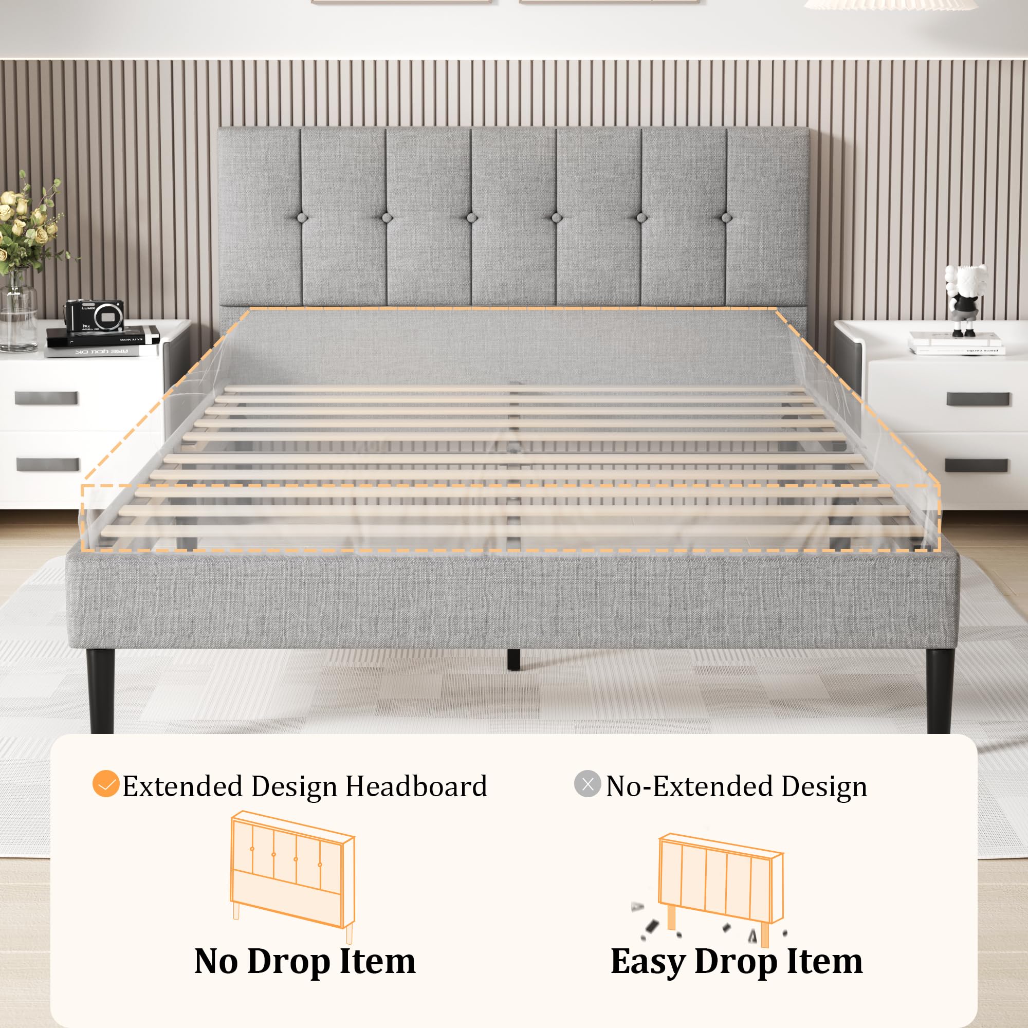 UNIZONE Queen Size Bed Frame with Button Tufted Upholstered Headboard - Wooden Slat Support Platform Bed - No Box Spring Needed - Easy Assembly - Light Gray Fabric - Perfect for Master Bedroom, Guest Room & Small Spaces