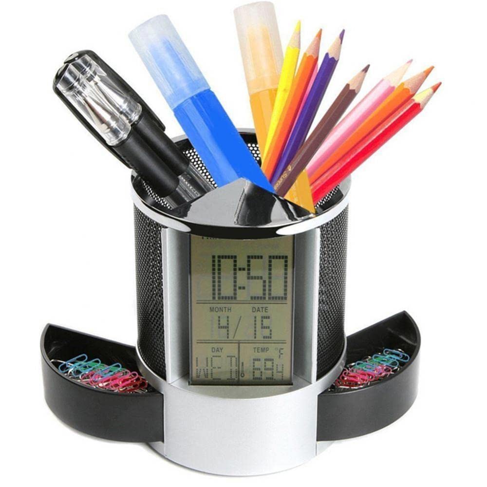 Mesh Pen Holder for Desk with Digital LCD Alarm Clock - Displays Time, Temperature & Calendar - Perfect for Office, Home & School Organization
