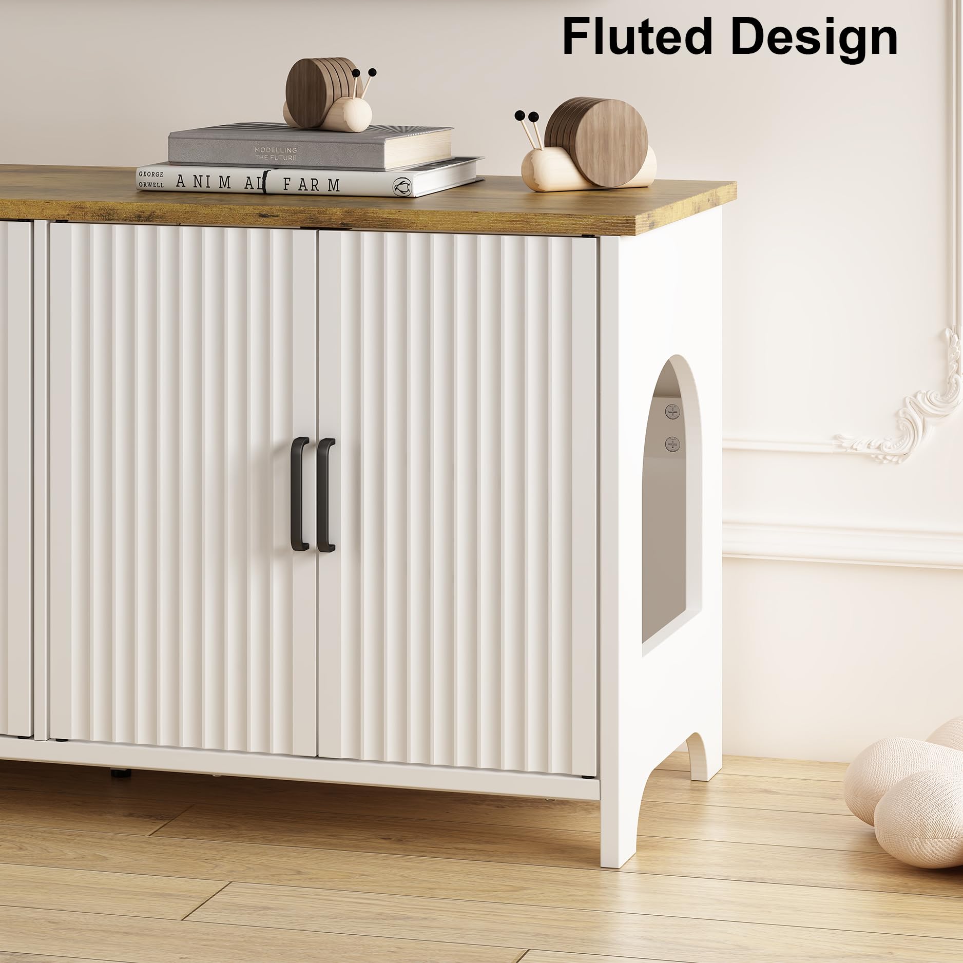 White Wooden Cat Litter Box Enclosure for 2 Cats - Double Room Fluted Hidden Litter Box Furniture Cabinet - Indoor Cat House for Living Room & Bathroom - Perfect for Small Spaces & Home Decor
