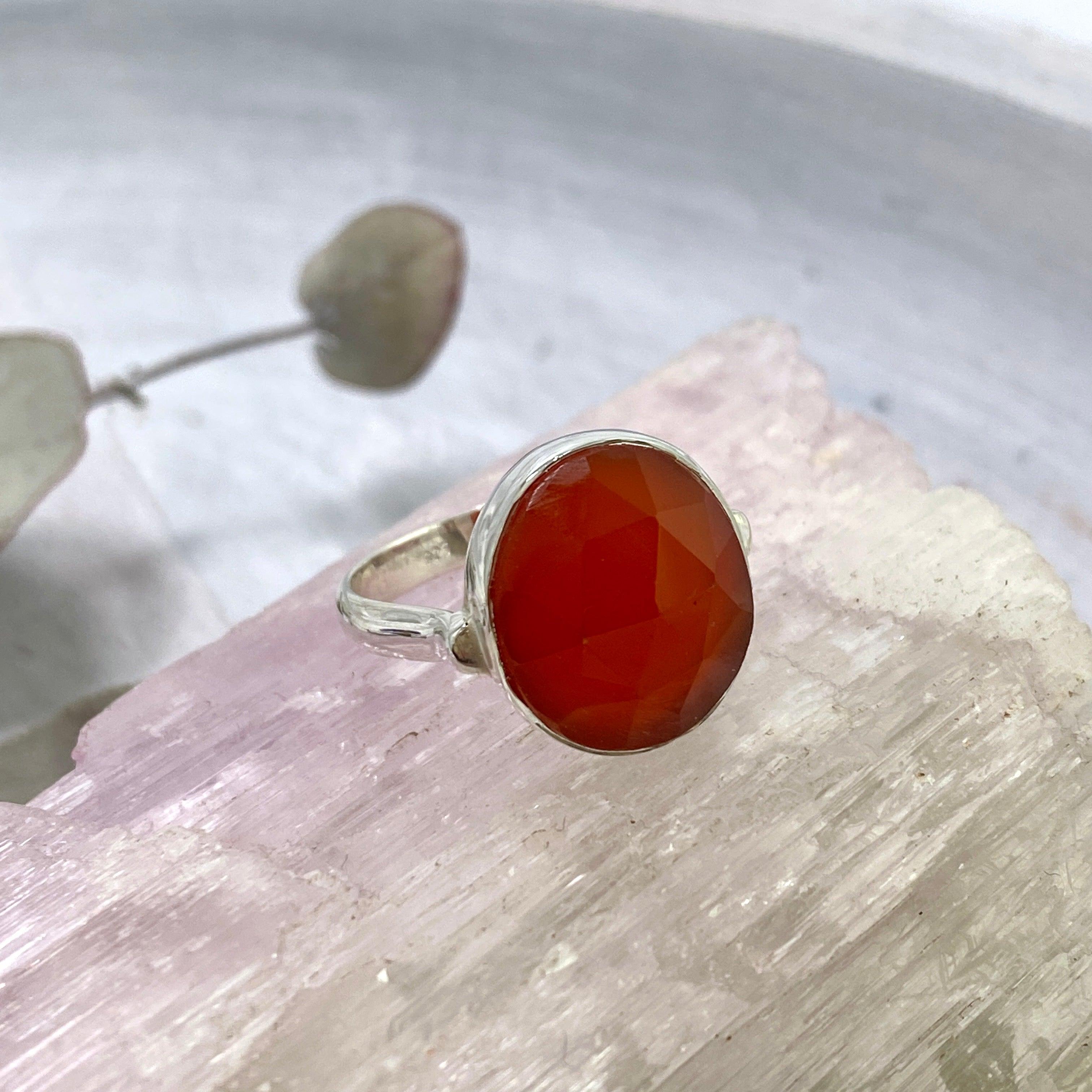 Natural Carnelian Oval Faceted Ring for Women - Size 9, KRGJ2551 - Elegant Jewelry for Weddings, Parties & Everyday Wear
