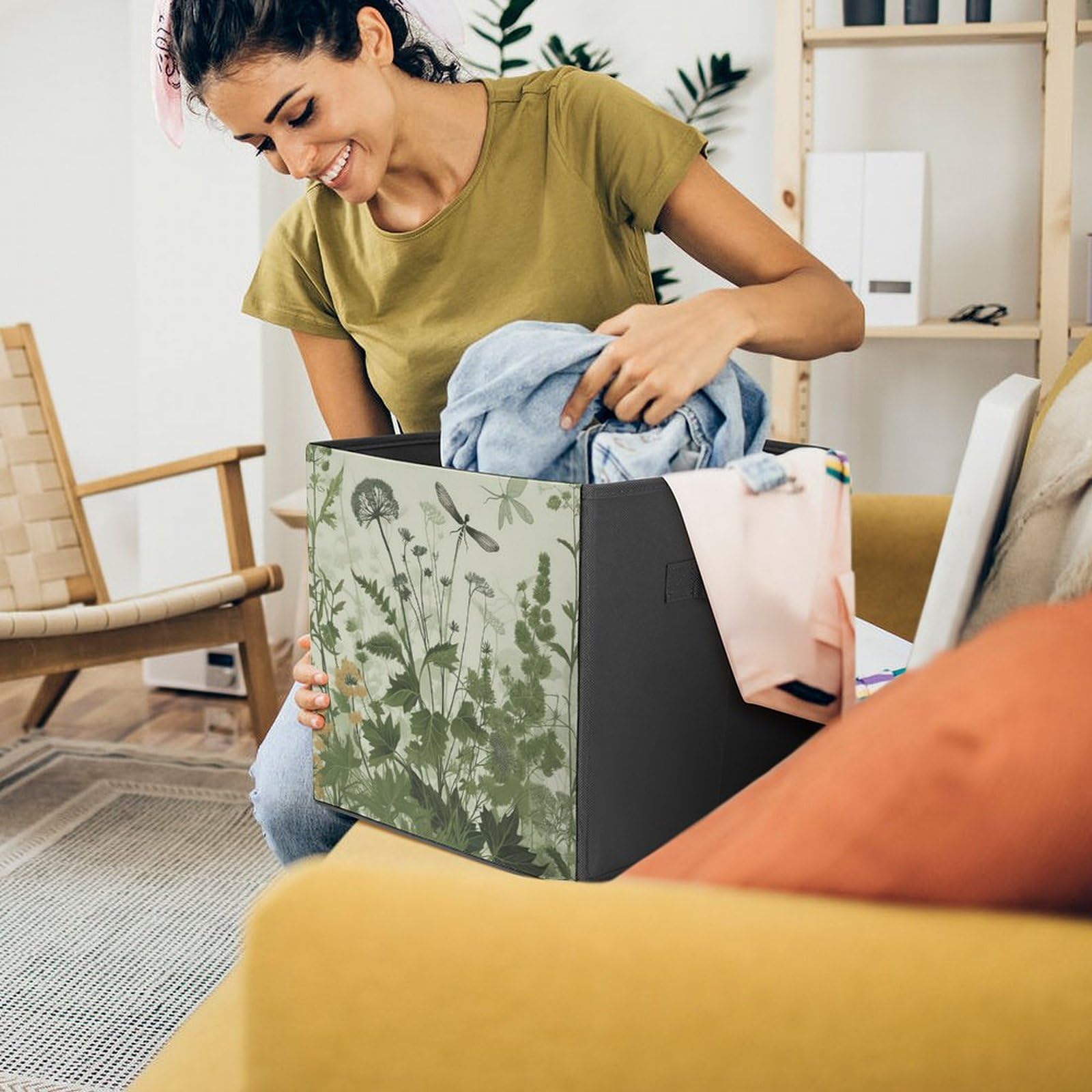 Foldable Canvas Storage Box with Herb & Dragonfly Wings Print - Organize Clothes, Toys & Home Decor - Perfect for Bedroom, Closet & Nursery Organization