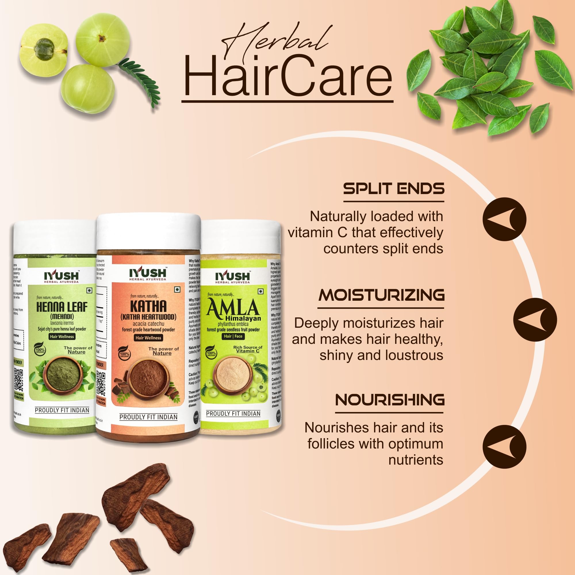 IYUSH Ayurvedic Amla Powder with Katha Powder & Henna Powder for Natural Hair Color & Volume – 300g | Herbal Hair Mask for Dry, Frizzy Hair | 100g Each | Perfect for DIY Hair Treatments & Natural Hair Care at Home
