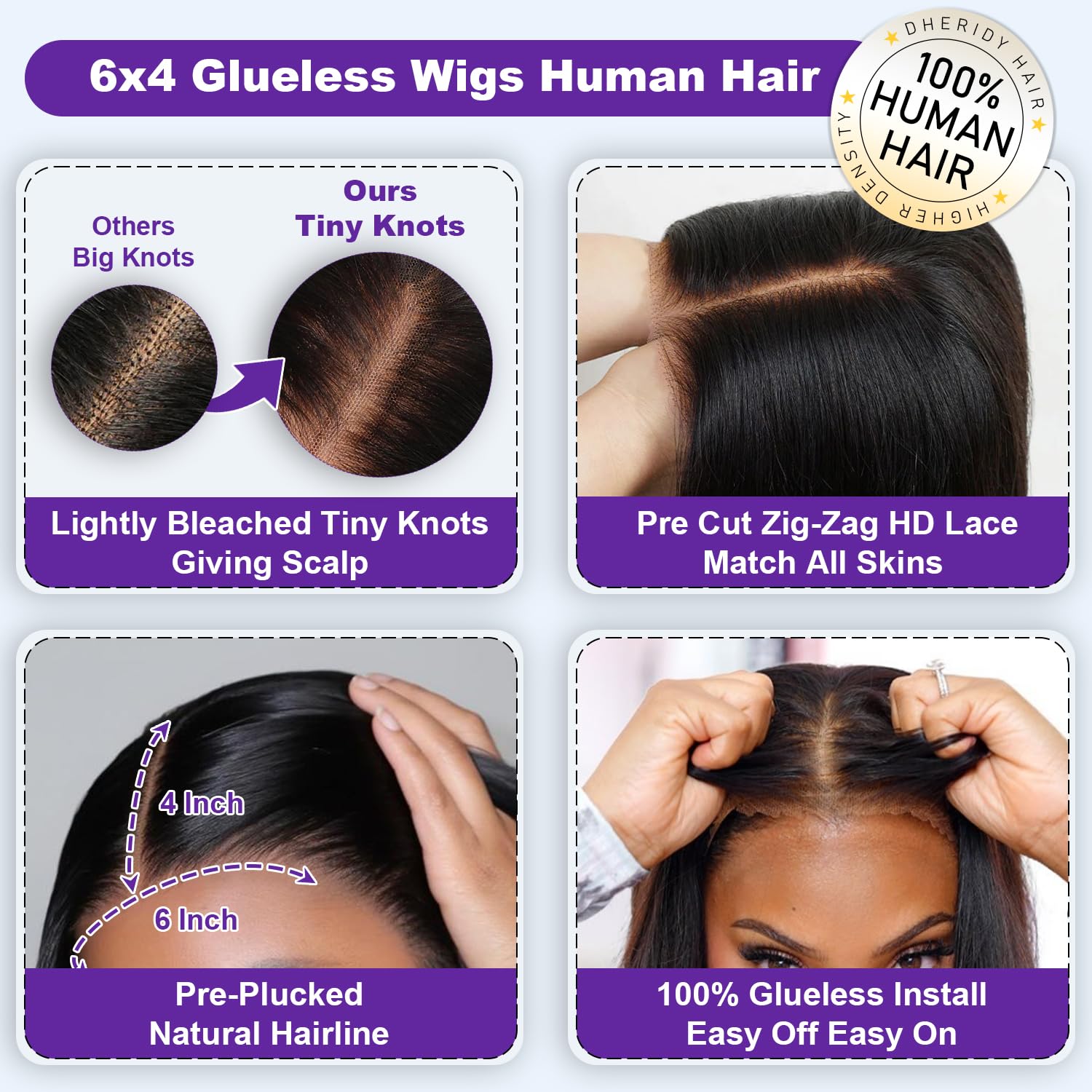 250% Density 6x4 Glueless Human Hair Wig - Pre Plucked, Pre Cut, Skinlike HD Straight Lace Closure - 100% Human Hair Wigs for Black Women - 26 Inch Middle Part with Tiny Knots - Perfect for Daily Wear, Special Occasions & Protective Styling