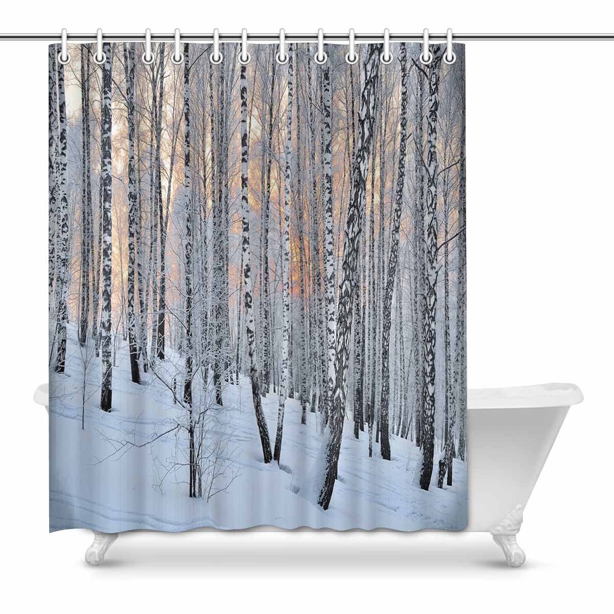 Winter Sunset in Birchwood Pink Sunlight Among White Birch Trees Bathroom Shower Curtain - 72 Inch Long Waterproof Fabric for Cozy Home Decor & Spa-Like Bathroom Experience