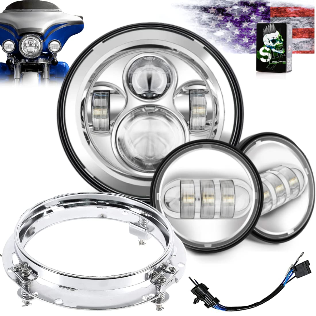 SLK-Customs 7 Inch LED Headlight & Fog Light Kit - DOT Approved Chrome Ring Lights for Harley Davidson Touring, Road King, Ultra Classic, Electra Glide, Street Glide, Heritage Softail, Slim, Deluxe & Fatboy - Perfect for Night Riding & Enhanced Visibility