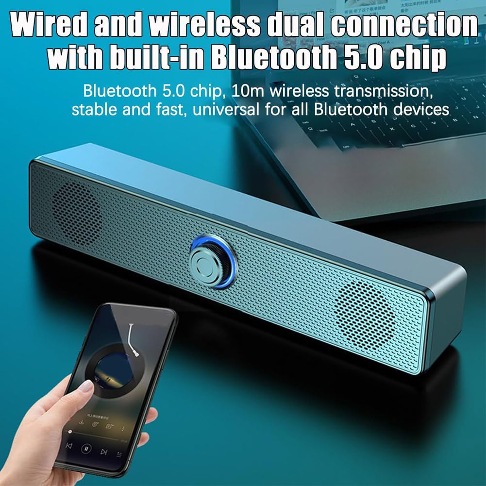TYREE Bluetooth Computer Speakers with Knob Volume Control & 3.5mm Aux Input - Portable Soundbar Speaker for PC Laptop, Desktop, Gaming Setup - Easy Plug & Play Installation for Home Office, Dorm Room, Streaming Studio