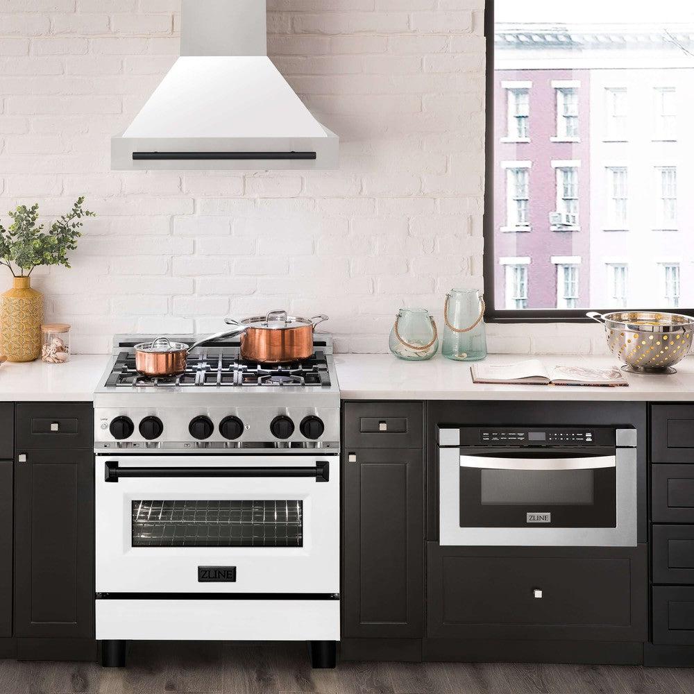 ZLINE Autograph Edition 30 Inch Stainless Steel Range Hood with White Matte Shell & Accent Handle (8654STZ WM30) - Modern Kitchen Ventilation for Home Chefs