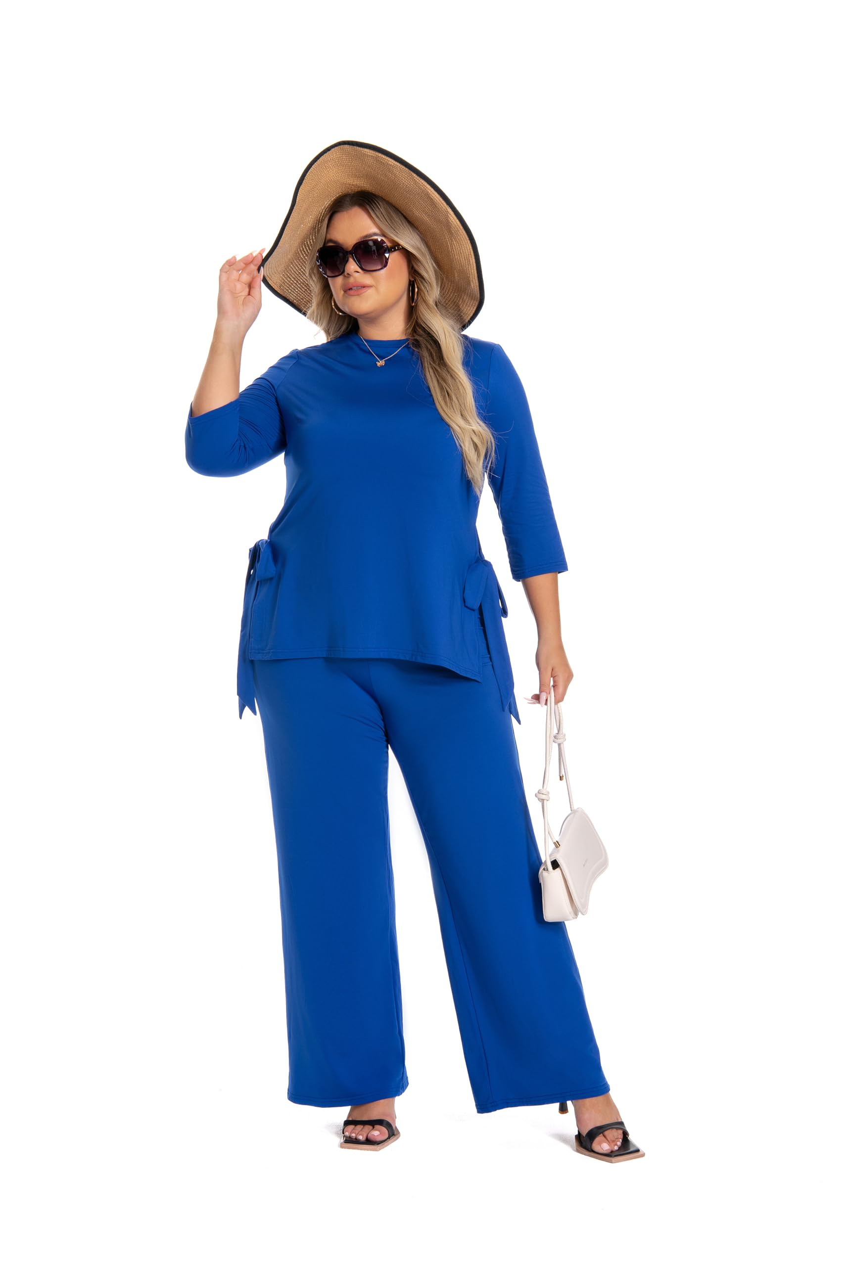 Plus Size 2 Piece Outfits for Women - Casual Tracksuits & Lounge Sets with Half Sleeve Tops & Wide Leg Pants | Comfortable Elegant Matching Sets for Home, Work & Travel