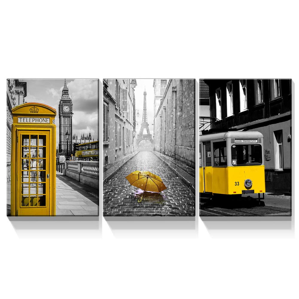 Laoife City Canvas Wall Art Set - 3 Piece 24x36 Inch Yellow Telephone, Umbrella & Bus Black White Urban Landscape Wall Decor | Perfect for Living Room, Bedroom & Office Wall Art