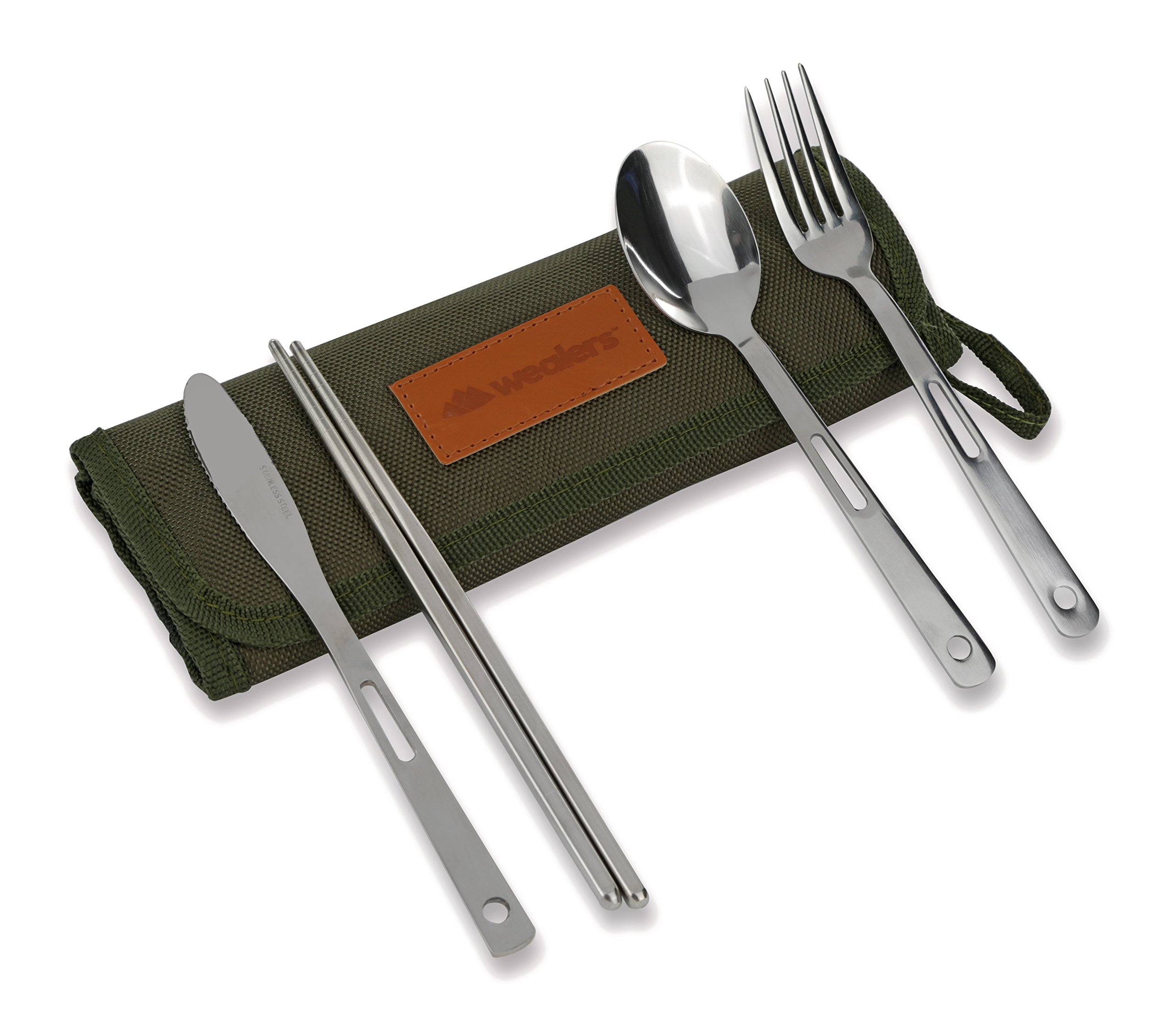 13-Piece Stainless Steel Cutlery Set with Travel Case - Forks, Spoons, Knives & Chopsticks - Perfect for Camping, Hiking, BBQs, Picnics & Outdoor Dining - Durable Green Nylon Commuter Case