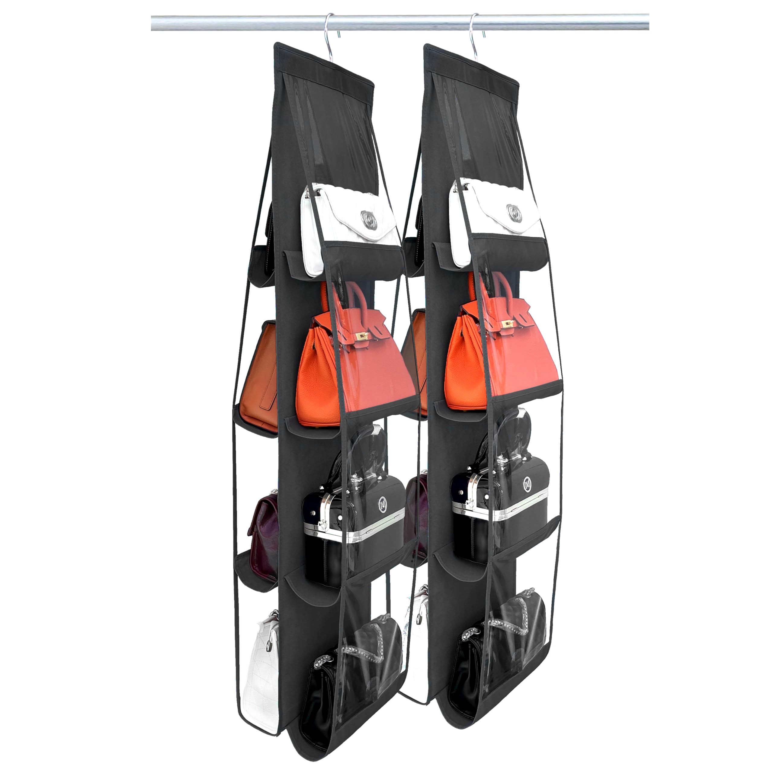 2 Pack Purse Organizer for Closet - Upgrade Larger 8 Pockets Handbag Storage Organizer with Thicken Metal Hooks (Black) - Perfect for Closet, Travel & Daily Bag Organization
