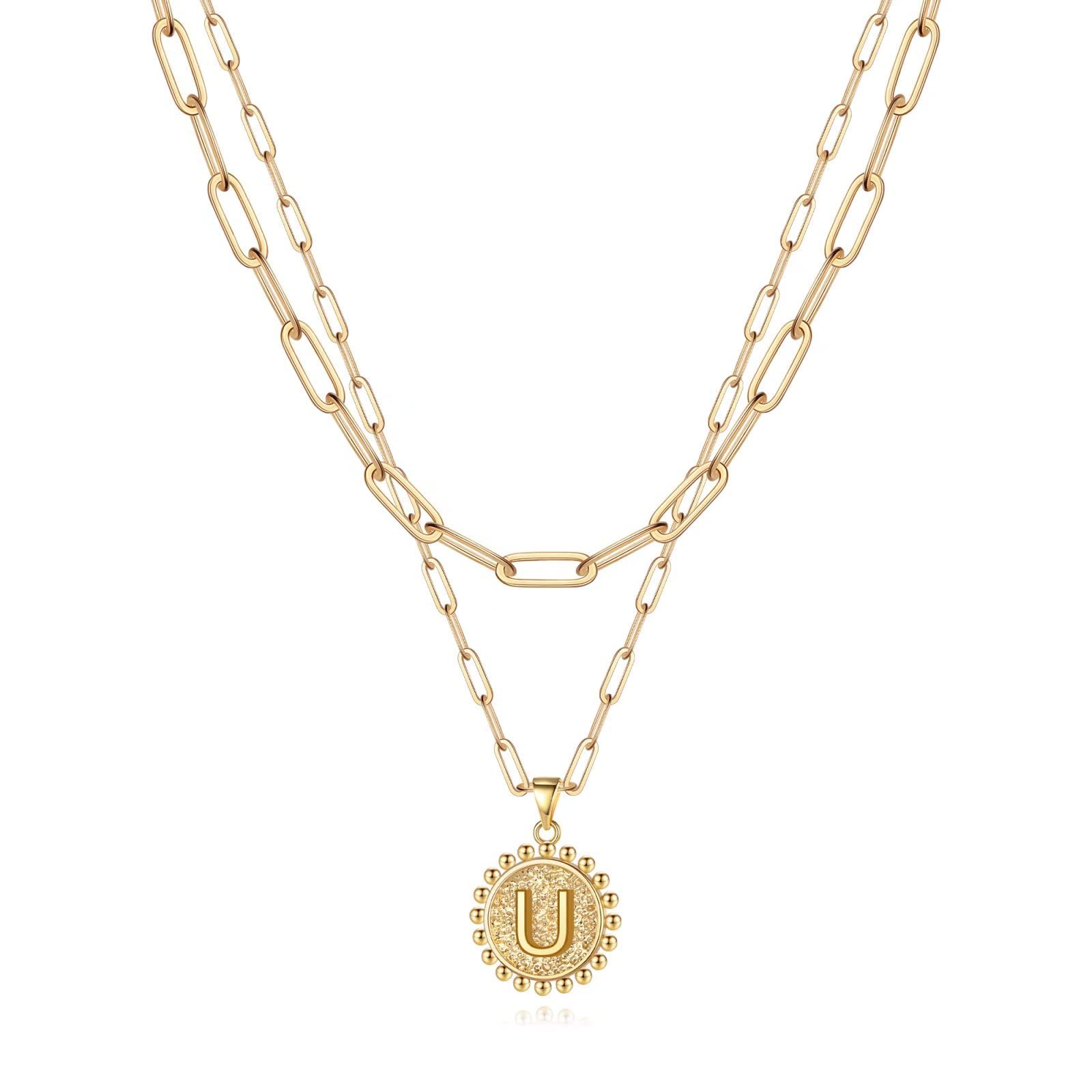 Losupu 14K Gold Plated Initial Necklace for Women & Girls - Dainty Layering Paperclip Chain with Pendant, Personalized Initial Choker & Coin Necklace - Perfect for Layering, Everyday Wear & Jewelry Gifts