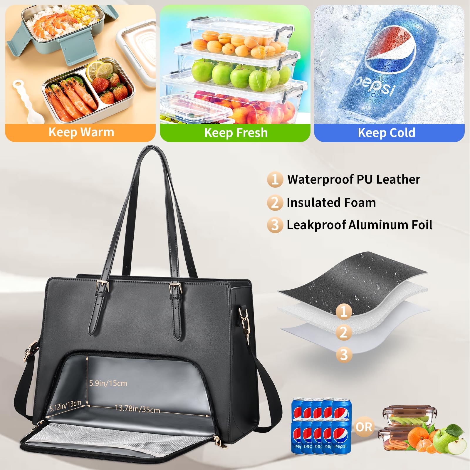 BERTASCHE 15.6 Inch Laptop Tote Bag for Women - PU Leather Waterproof Work Bag with Insulated Lunch Compartment - Business Briefcase & Office Shoulder Handbag - Perfect for Commuting, Business Travel & Work Essentials (Black)