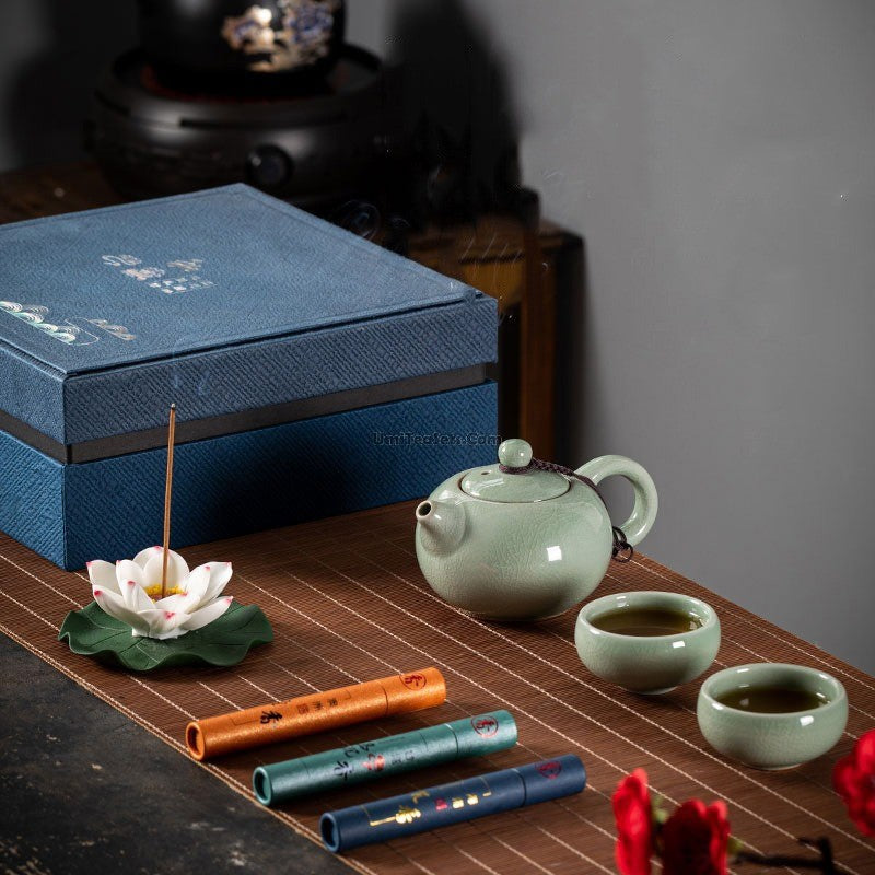 Premium Geyao Ceramic Tea Set with Lotus Incense Holder - Traditional Chinese Gongfu Tea Brewing Kit for Home, Office & Meditation Spaces