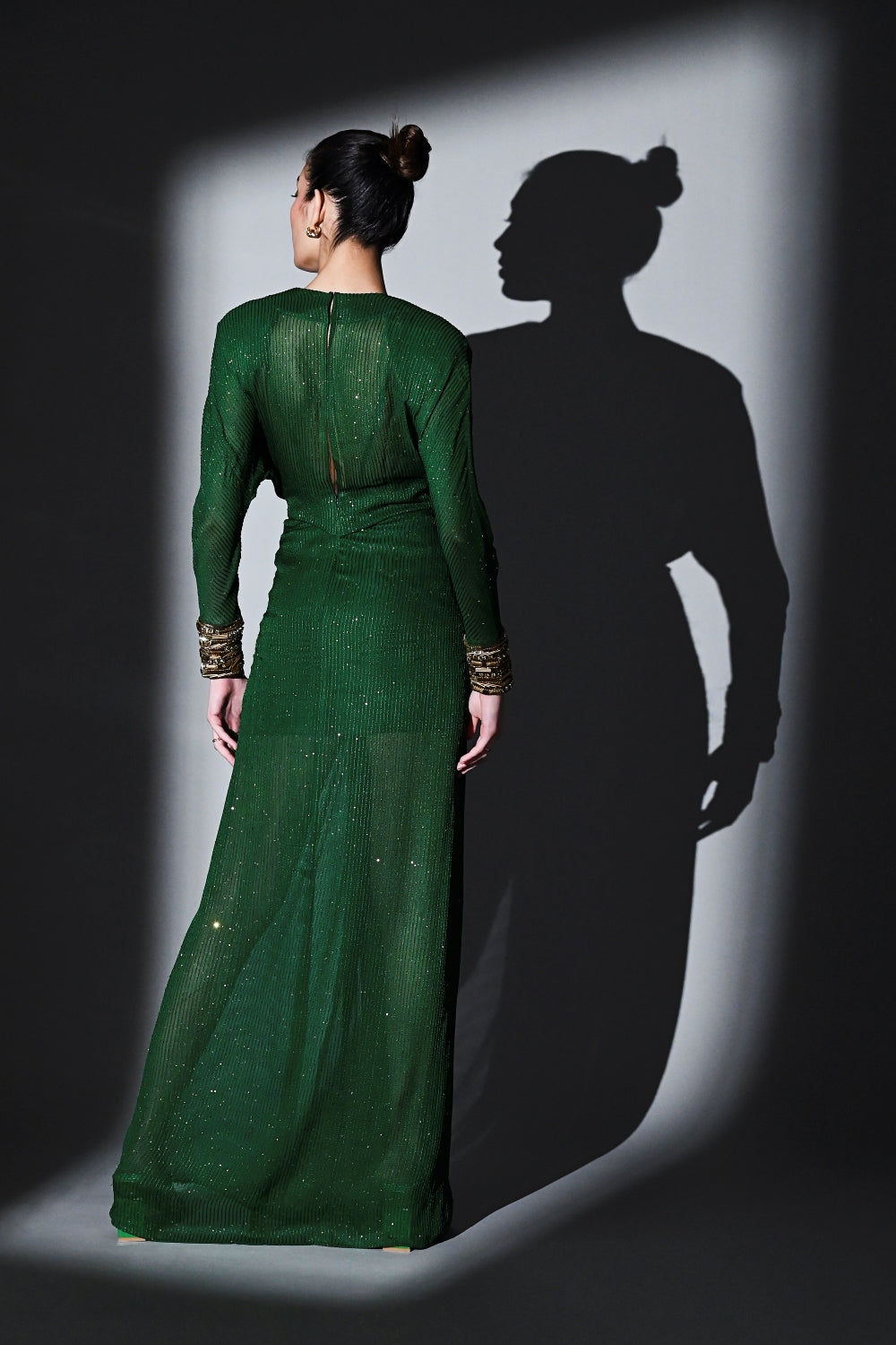 Elegant Emerald Green Draped Dress with Handcrafted Gold Embroidery - Perfect for Weddings, Parties & Special Occasions