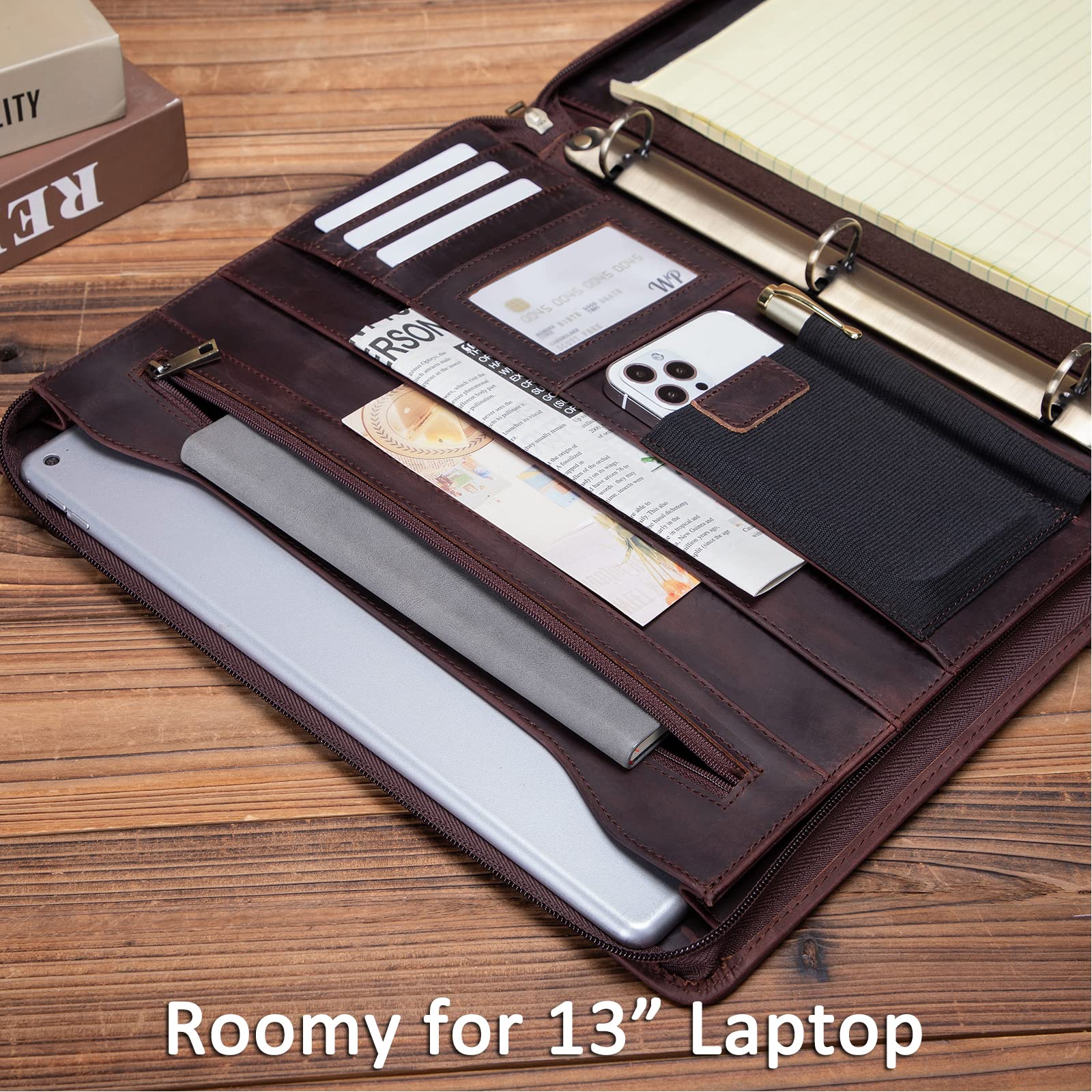 Premium Personalized Genuine Leather Portfolio with 3-Ring Binder | Full Grain Leather Zippered Padfolio | Custom A4 Notebook Holder & Professional Organizer | Executive Gift for Men & Women (Dark Brown) | Perfect for Business Meetings, Office Use & Corporate Gifts