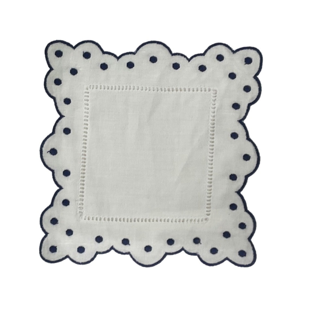 Premium Dark Blue Scallop & Polka Dot Cocktail Napkins - Elegant Party Napkins for Weddings, Cocktail Parties & Formal Events