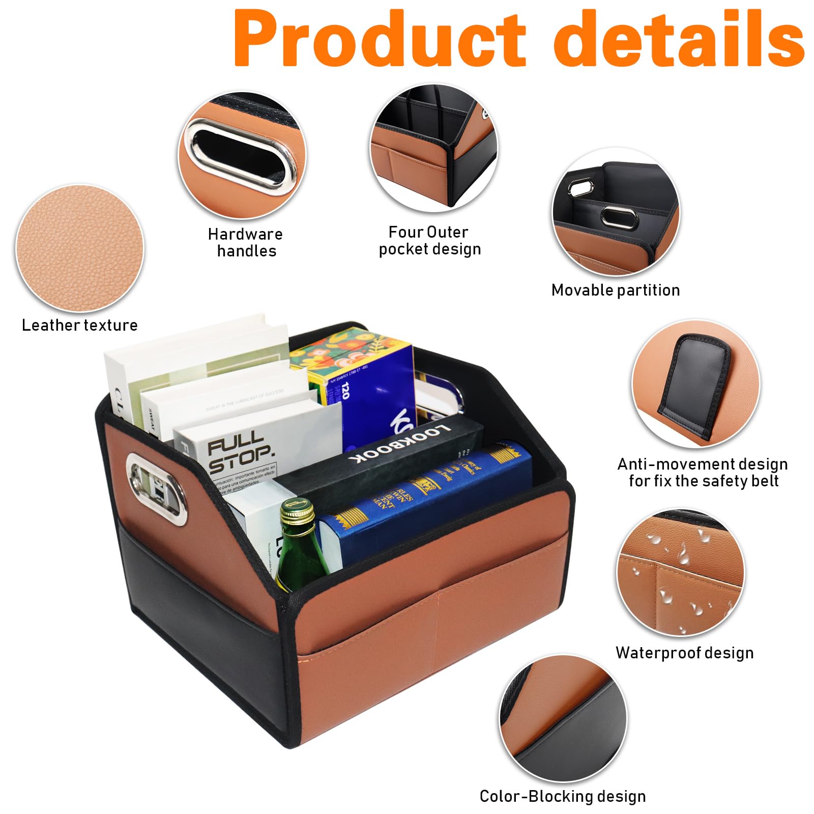Premium Leather Car Seat Organizer with 6 Storage Pockets & 3 Handles - Universal Fit for Front/Back Seats (Brown/Black) - Perfect for Road Trips, Baby Essentials & Car Organization Accessories