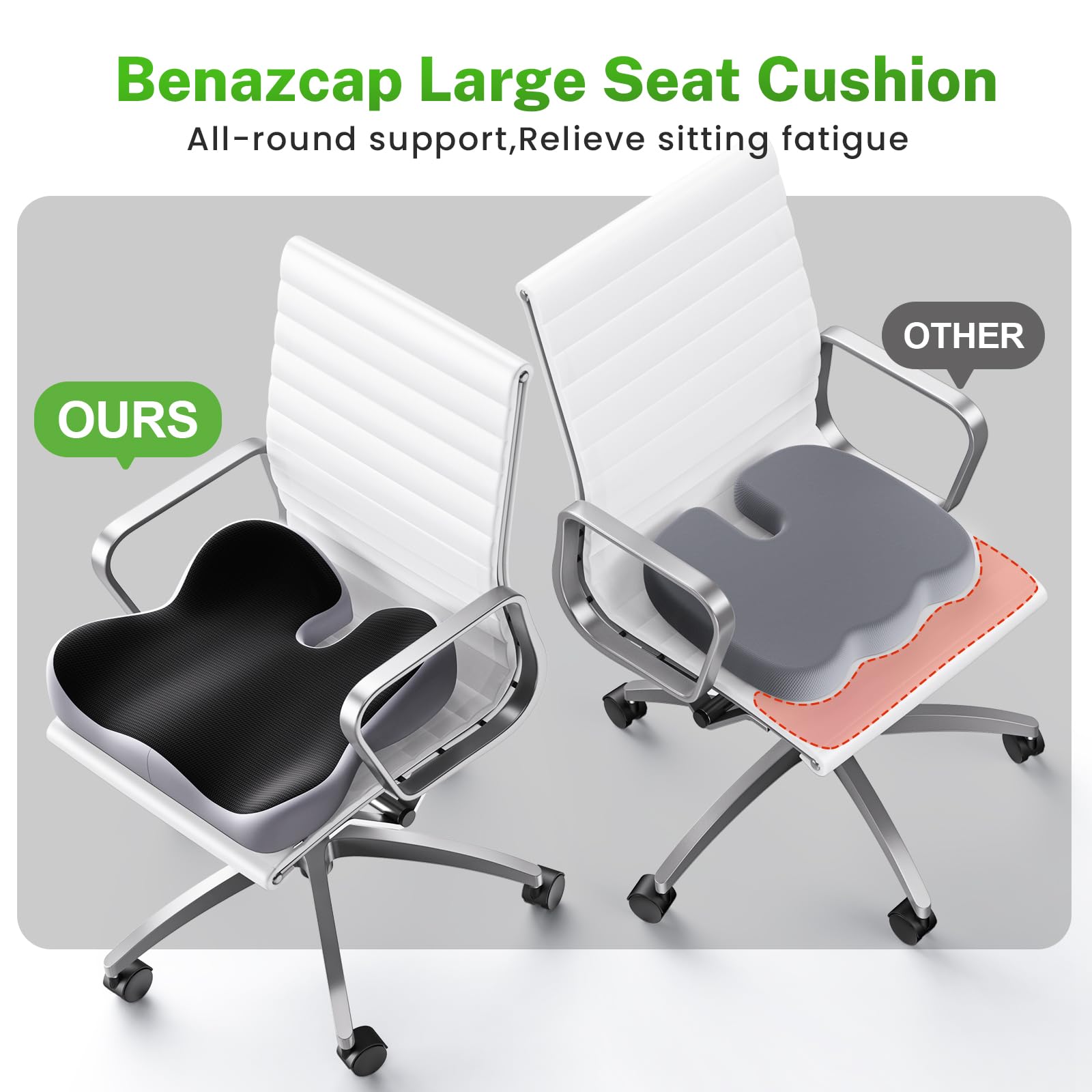 Benazcap X Large Orthopedic Seat Cushion for Sciatica & Tailbone Pain Relief - 2024 Upgraded Memory Foam Office Chair Cushion, Ergonomic Desk & Wheelchair Cushion - Perfect for Office, Car, Gaming & Long Sitting Sessions