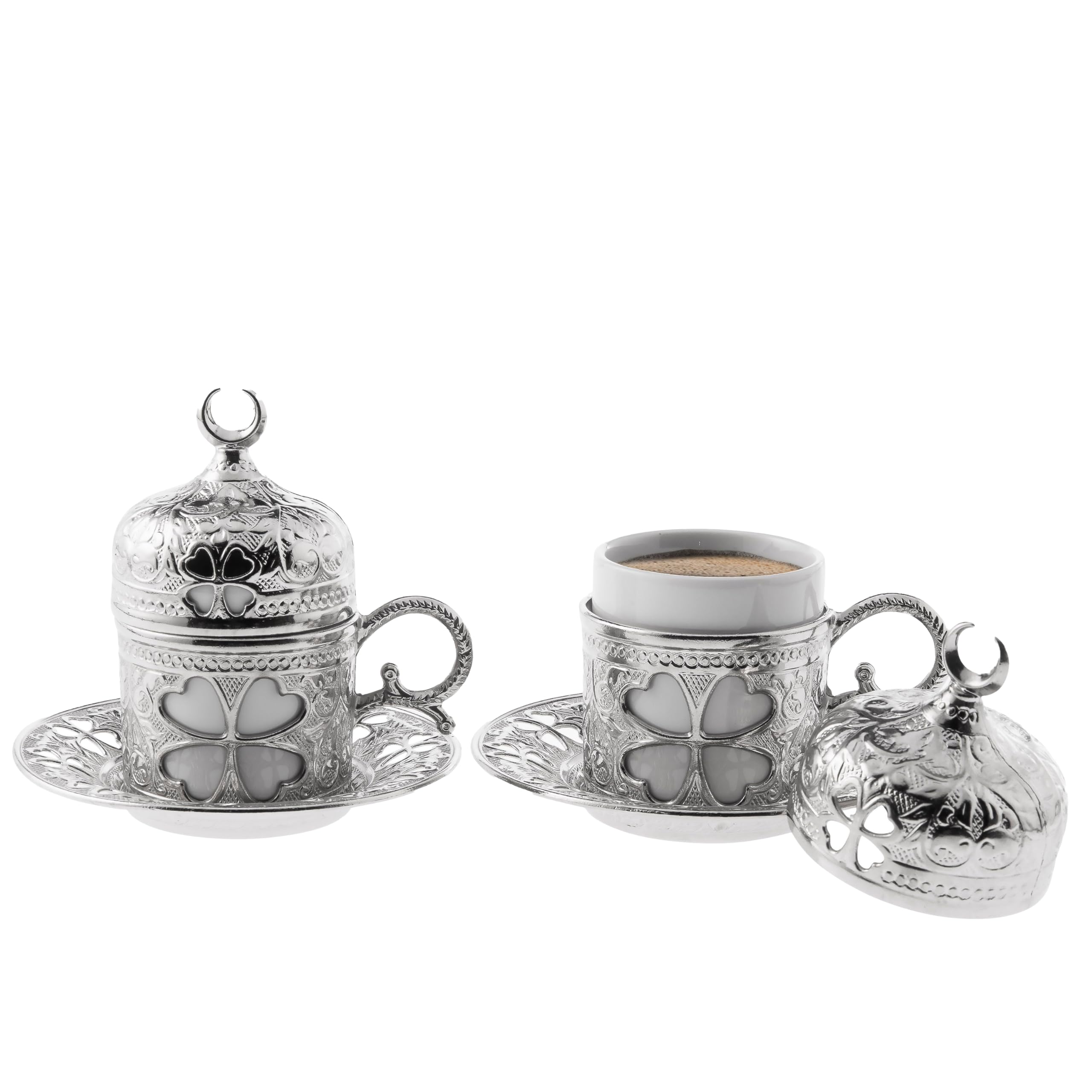 LaModaHome 6-Piece Turkish Espresso Coffee Cup Set with Saucer, Lid, Holder & Tray - Ottoman Tulip Design Porcelain Mugs for Coffee Lovers - Perfect for Arabic, Greek & Turkish Coffee - Ideal Gift & Home Decor Accessory - Silver
