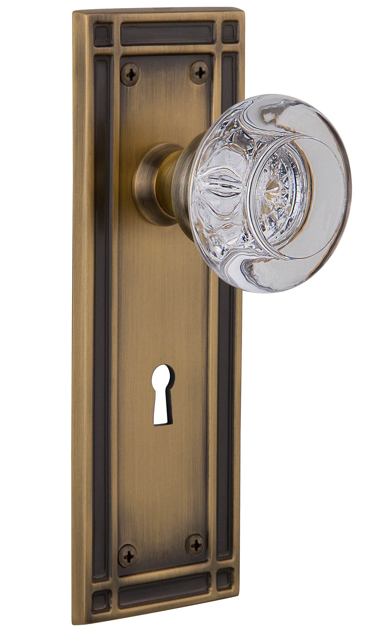 Vintage Mission Style Round Clear Crystal Glass Cabinet Knob with Keyhole - Antique Brass Finish - Single Dummy Door Pull for Kitchen Cabinets, Dressers & Furniture Hardware