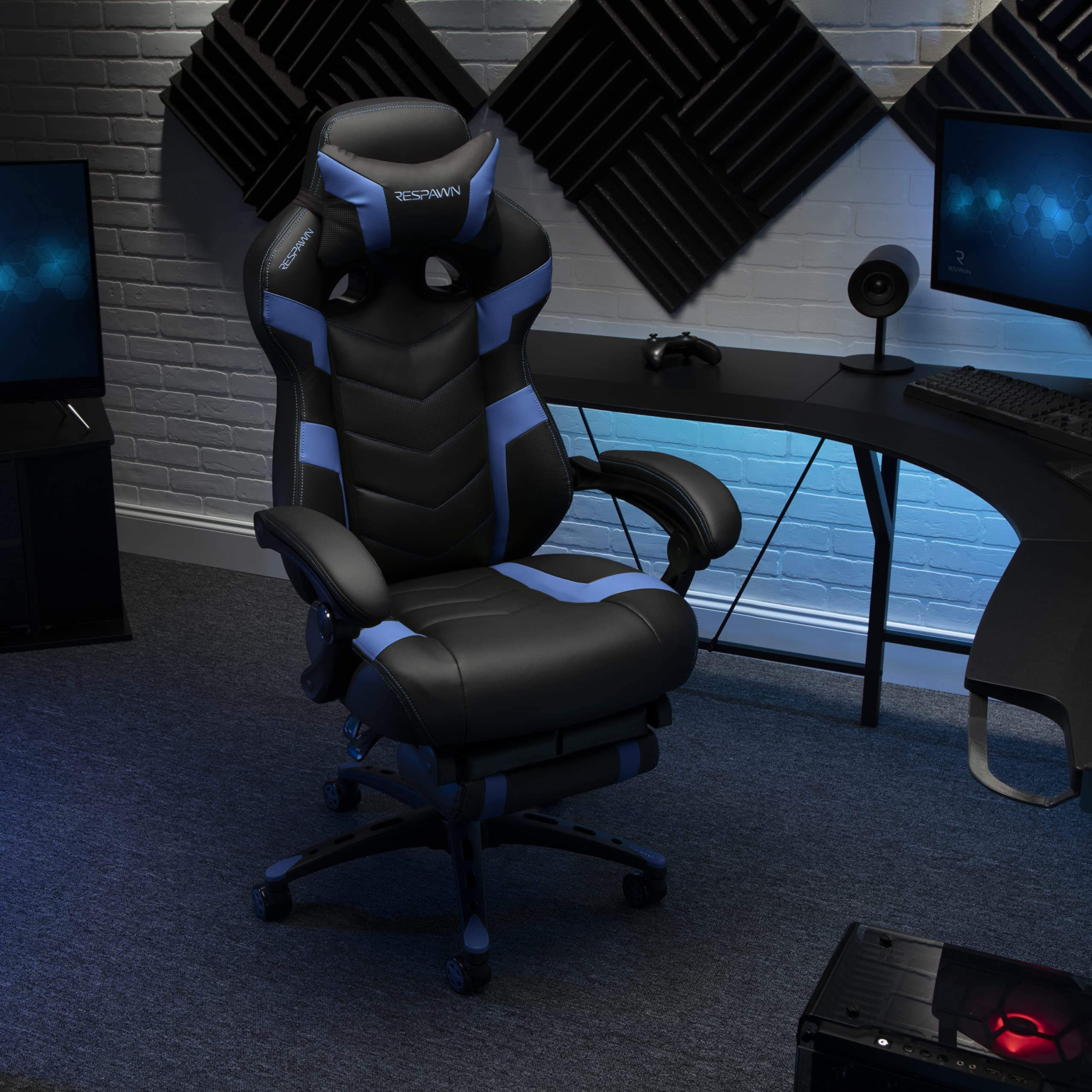 RESPAWN 110 Ergonomic Gaming Chair with Footrest - Racing Style High Back Office Chair with 360 Swivel, Adjustable Lumbar Support & Headrest Pillow - Perfect for PC Gaming, Home Office & Streaming Setup (2021 Blue)