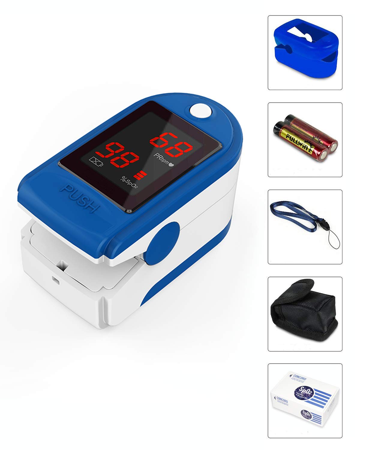 Concord Basics Fingertip Pulse Oximeter - Accurate SpO2 & Heart Rate Monitor with Carrying Case, Batteries, Silicone Cover & Lanyard - Portable Blood Oxygen Saturation Meter for Home, Travel & Sports (Blue)