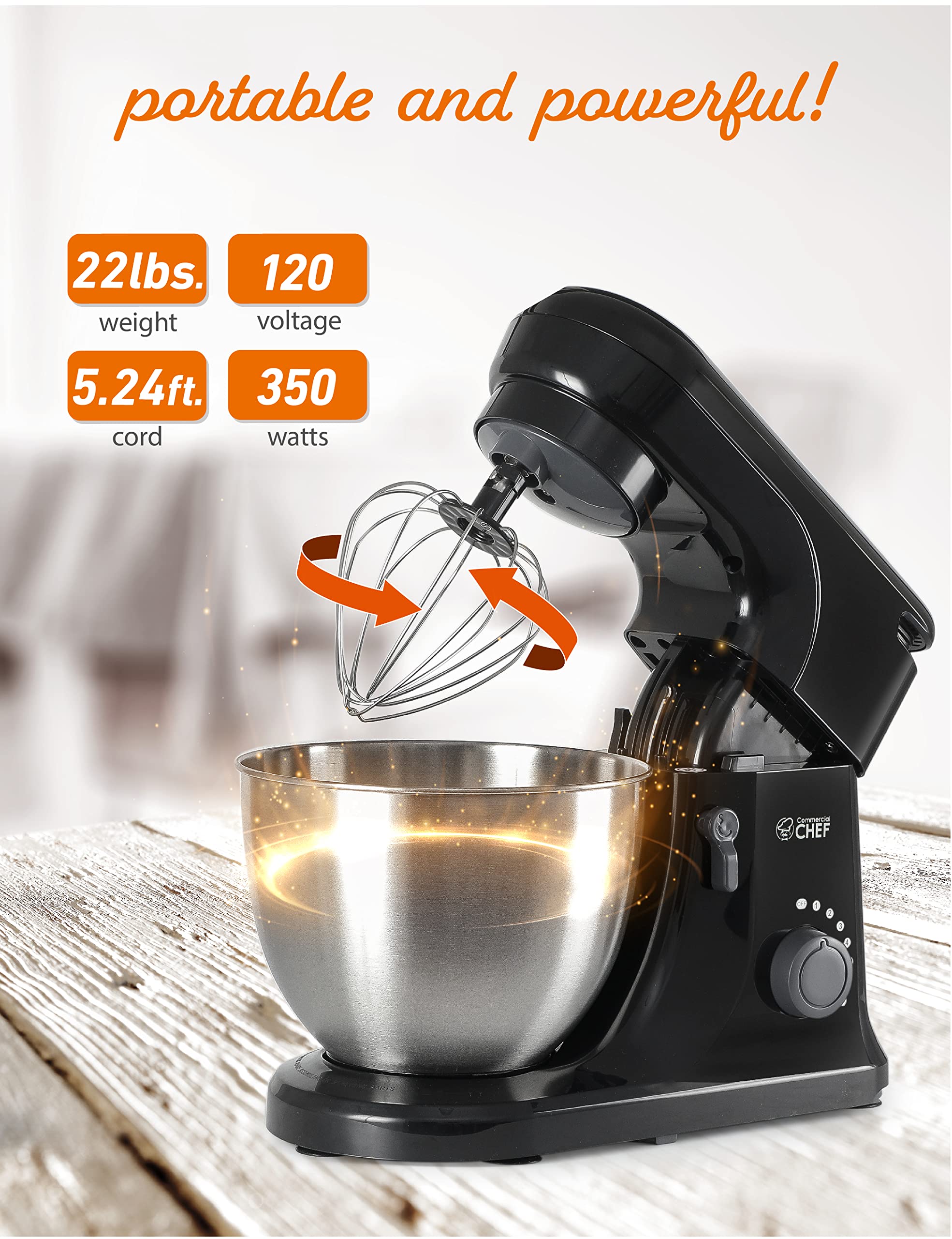 Commercial Chef 4.7QT Electric Stand Mixer - 7-Speed Heavy Duty Kitchen Mixer for Baking, Dough Kneading & Cooking - Perfect for Home Bakers & Professional Chefs