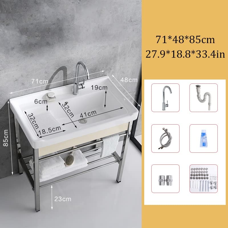 Ceramic Pedestal Sink with Metal Legs - Free Standing Bathroom Vanity Sink, Porcelain Vessel Basin for Farmhouse & Restaurant - Perfect for Laundry Rooms, Powder Rooms & Rustic Home Decor