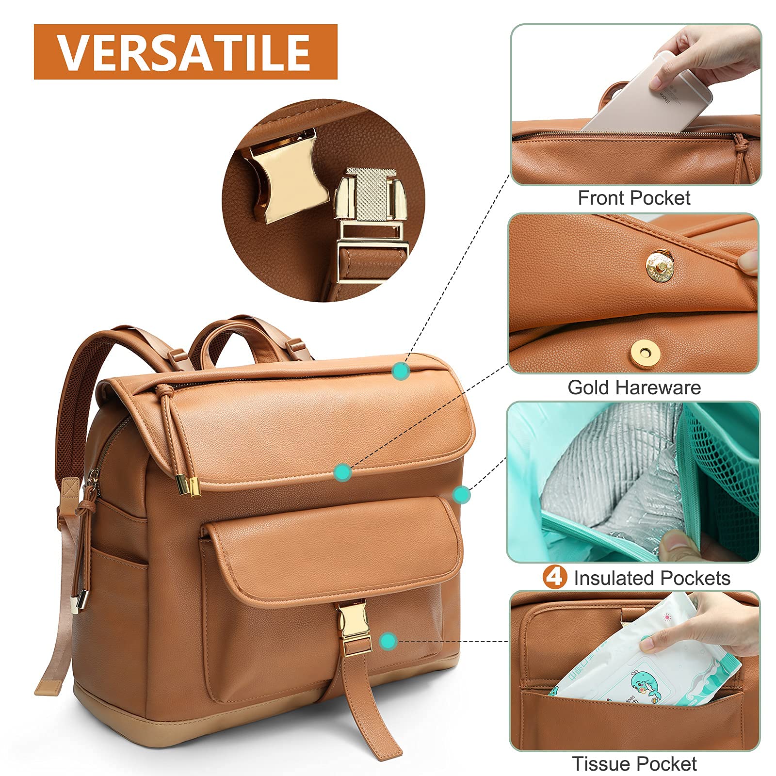 Premium Leather Diaper Backpack for Moms & Dads - Large Capacity Baby Bag with 6 Insulated Pockets, Stroller Straps & Changing Station - Perfect for Travel, Daycare & Family Outings (Registry Gift Ready)