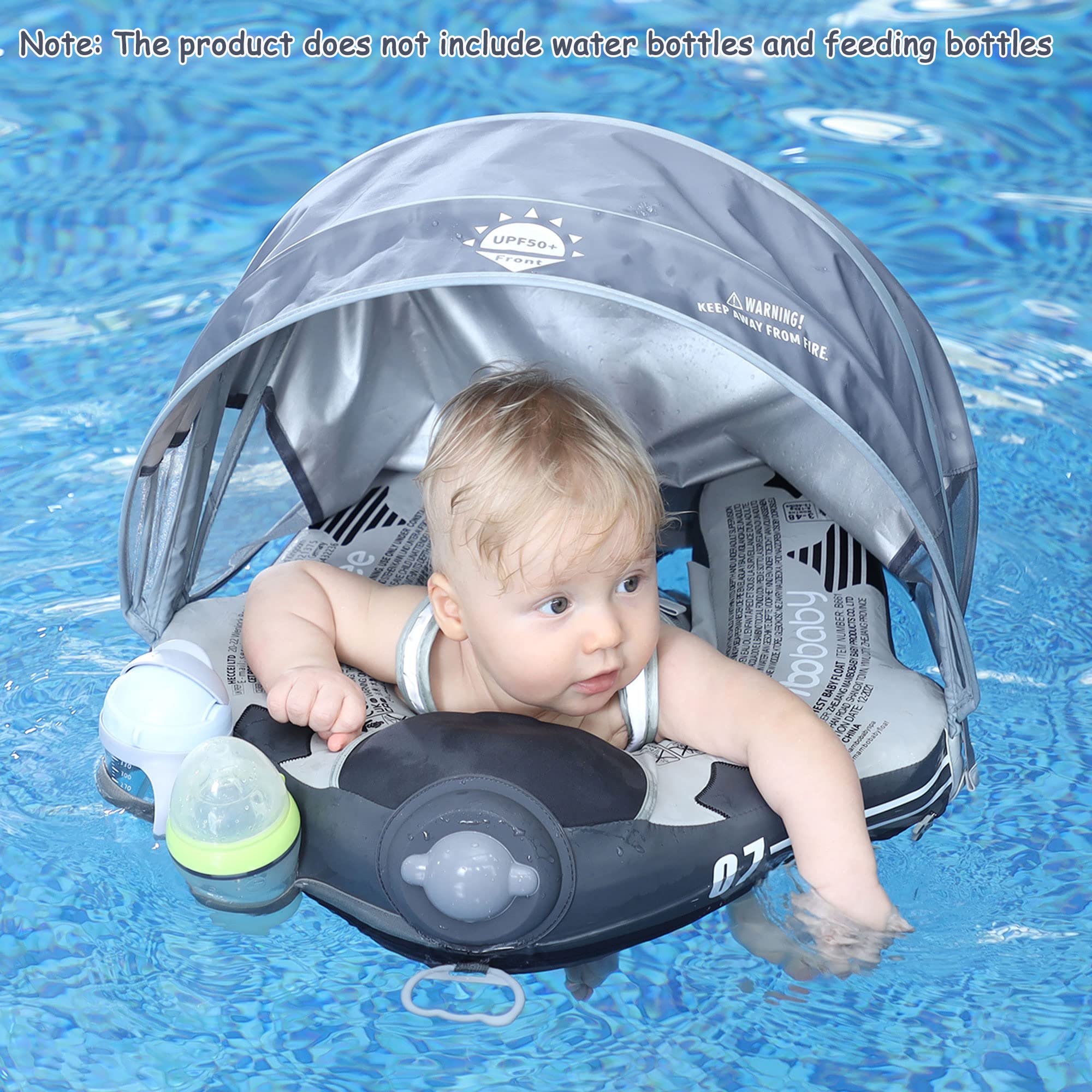Upgraded Mambobaby Float with Canopy & Adjustable Safety Strap - Non-Inflatable Infant Swim Trainer Waist Ring for Babies (Grey Airplane) - Perfect for Pool, Beach & Water Safety Training