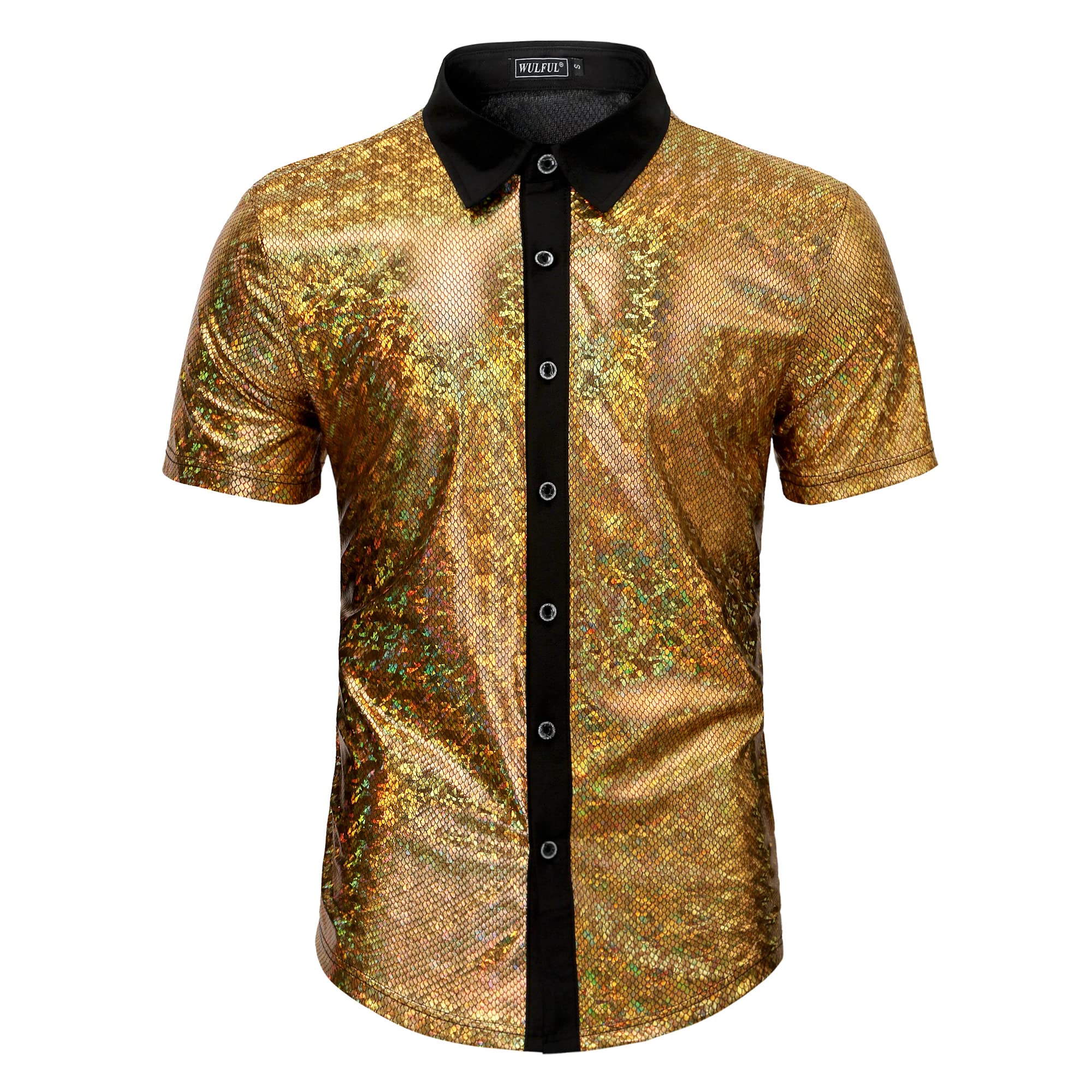 WULFUL Men's Disco Shirt with Sequins - 70s Retro Short Sleeve Button Down Shirt for Party, Halloween Costume & Themed Events - Perfect for Nightclub, Disco Party, 70s Theme Party & Vintage Fashion Outfits