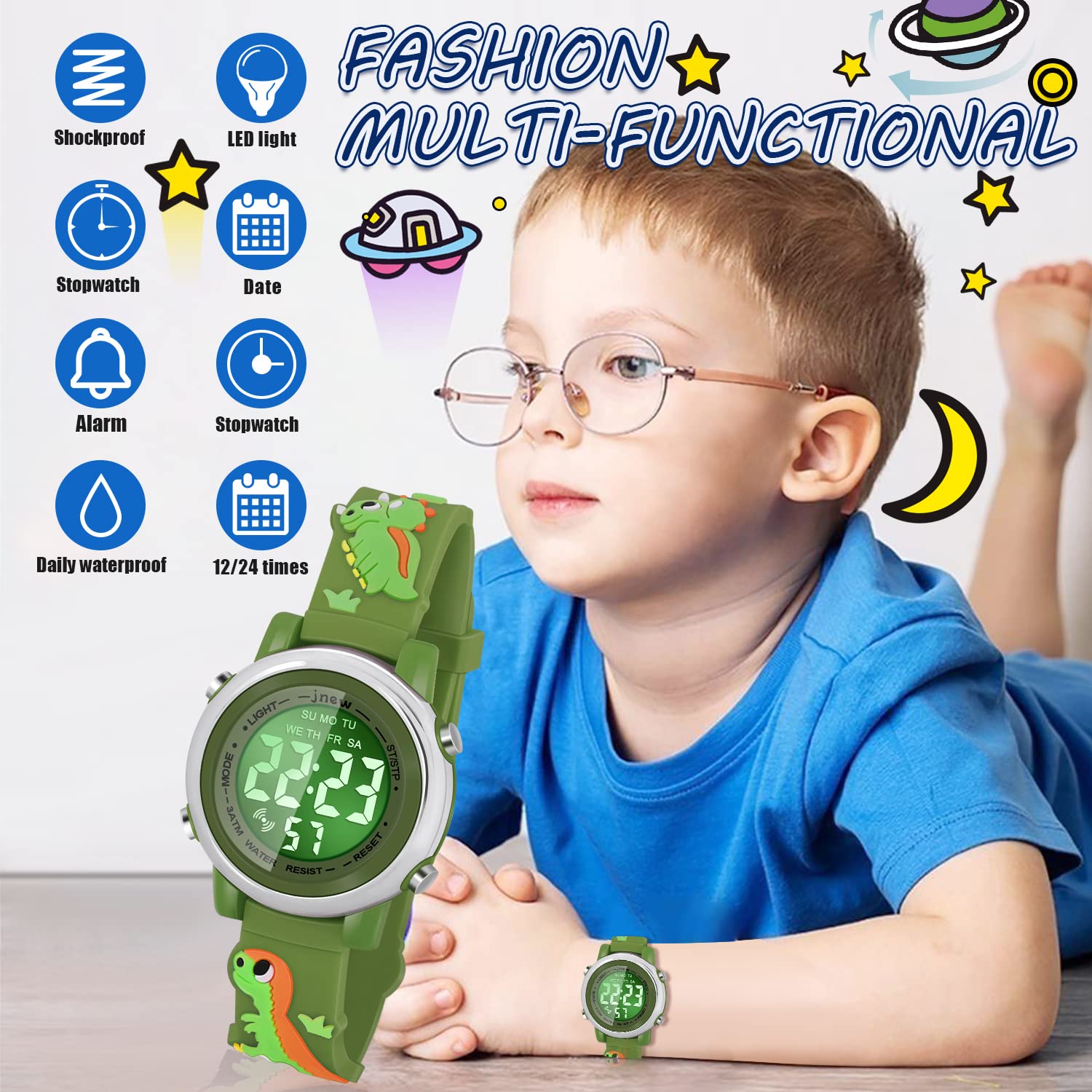 Waterproof Kids Watches with Alarm - Dinosaur Themed Digital Watch for Boys & Girls Ages 3-10 - Perfect for Swimming, Outdoor Play & School Activities