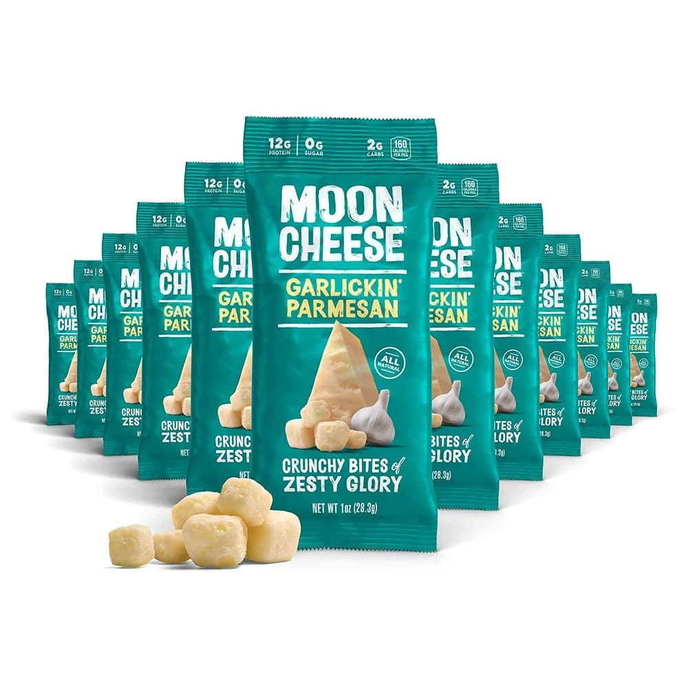 Moon Cheese Garlickin' Parmesan Cheese Bites - 1 Ounce (12-Pack) | Crunchy Protein-Rich Snack | 100% Real Cheese | Keto-Friendly, Low-Carb | Perfect for Parties, Office Snacks & On-the-Go