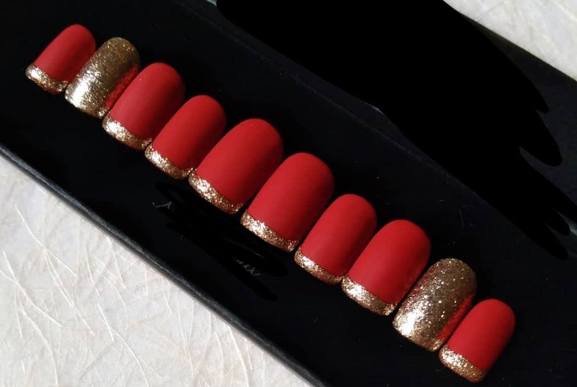 AMOK STORE Press On Nails for Women - Reusable Fake Nails with Glue & Nail Art Designs - Lightweight Acrylic Nails Set with Matte Finish (Diamond Red) - Perfect for Parties, Weddings & Everyday Wear